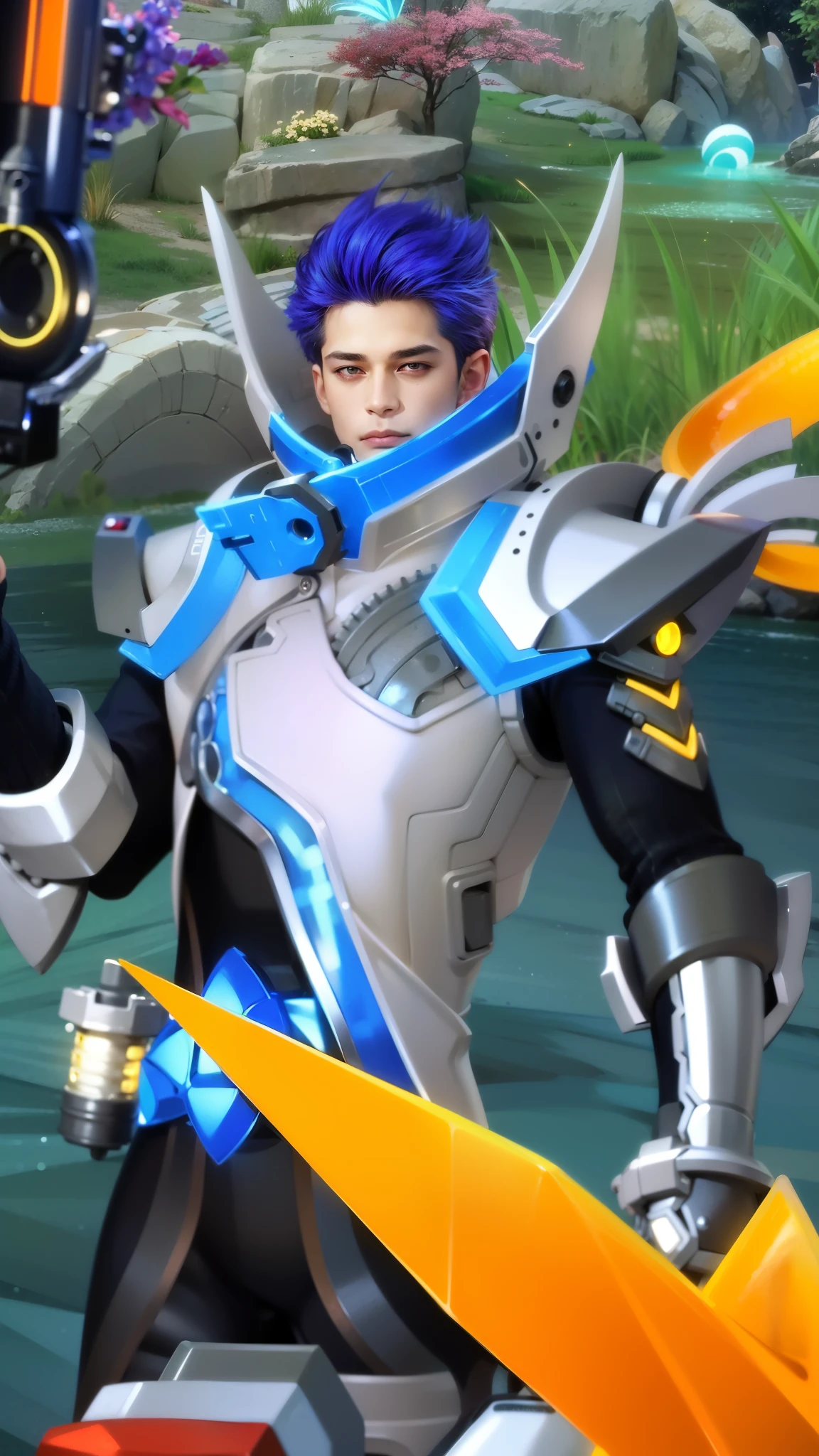 masculine male, masterpiece, ((perfect eyeest quality, (semirealism:1.9), beautiful lighting, (extremely detailed CG unity 4k fhd wallpaper), High Detail, Sharp focus, dramatic outdoors, 1 boy ,19 years old, blue hair, light purpel eyes, 1boy,blue hair, best quality, photo, 4k,looking at viewer,full body,wear red armor.