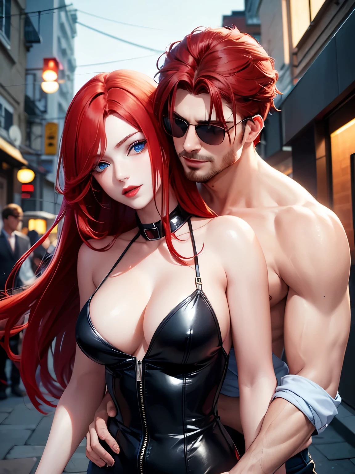 Woman with long red hair, blue eyes, red lipstick, hugging and kissing. Man with short red hair and blue eyes, shaved beard, wearing sunglasses. Posing in the night scene, his face is so perfect. The details are clear. Up to 8K resolution, perfect details perfect face