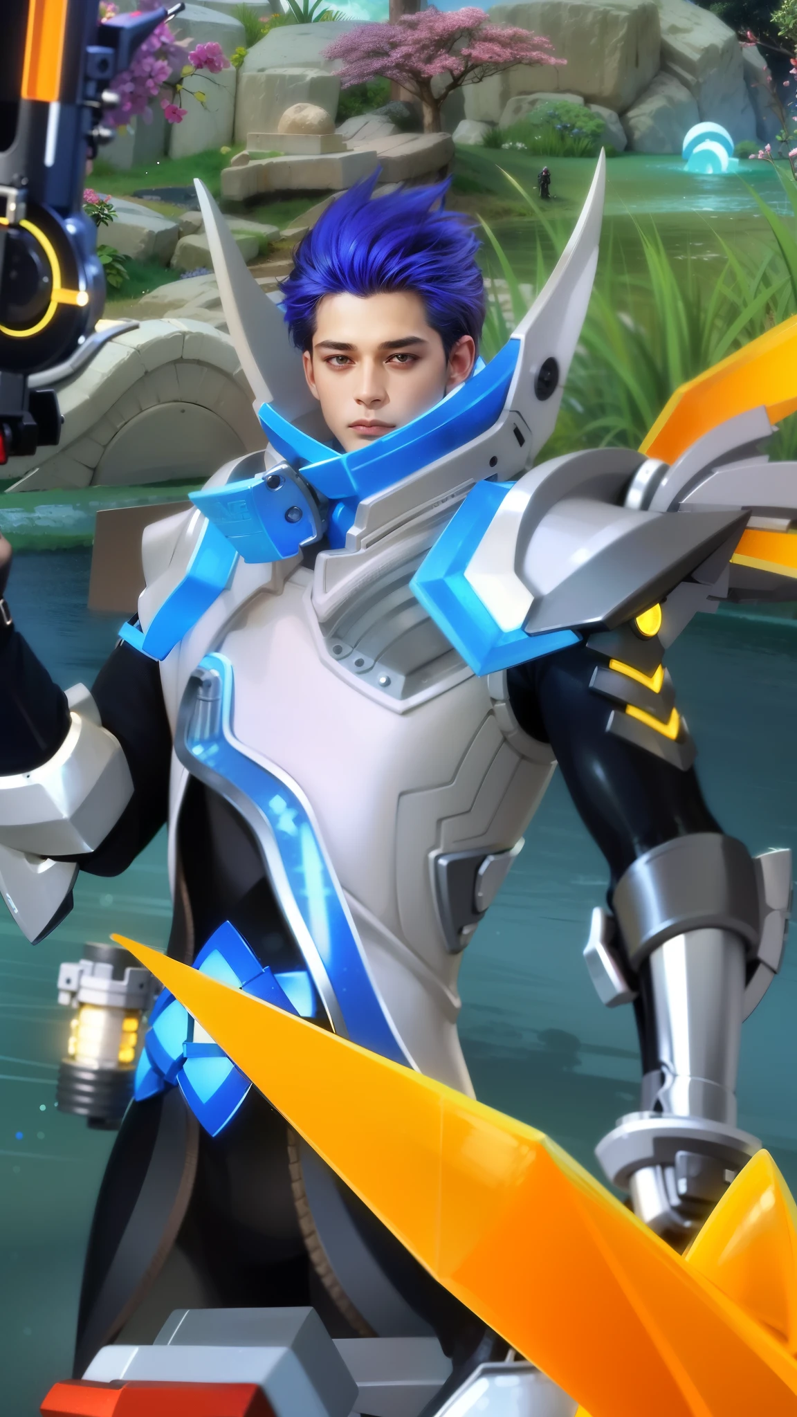 masculine male, masterpiece, ((perfect eyeest quality, (semirealism:1.9), beautiful lighting, (extremely detailed CG unity 4k fhd wallpaper), High Detail, Sharp focus, dramatic outdoors, 1 boy ,19 years old, blue hair, light purpel eyes, 1boy,blue hair, best quality, photo, 4k,looking at viewer,full body,wear red armor.