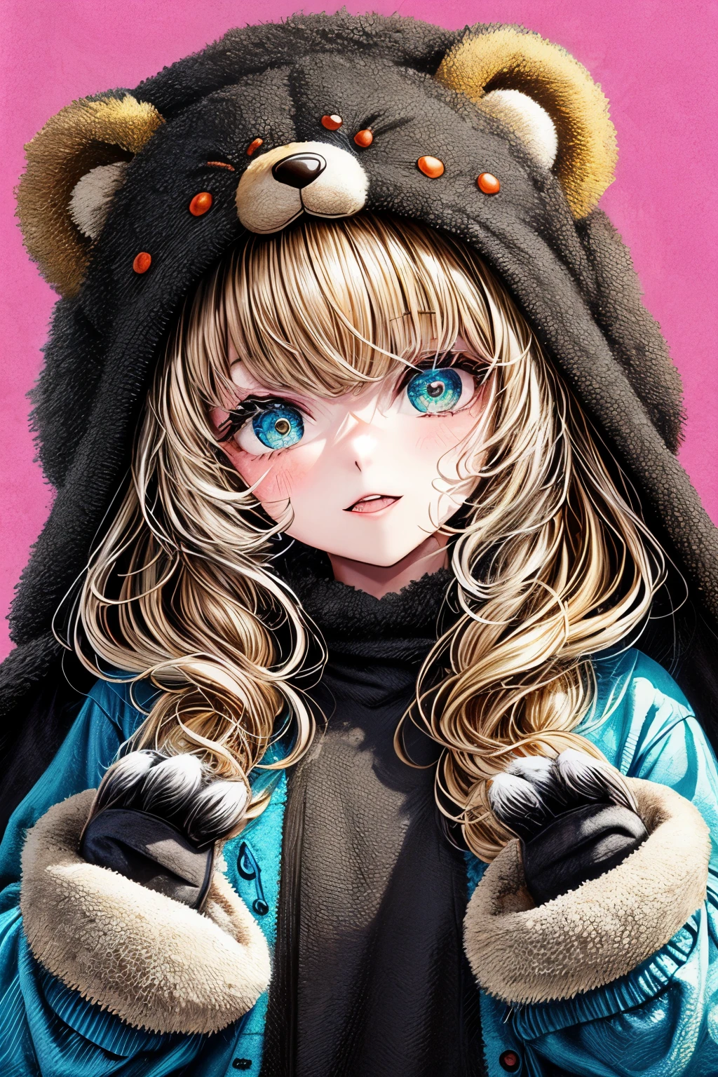 ((worst quality, low quality)), ((Close-up)), ( girl), (blonde), (Fluffy bear costume pajamas:1.4), (Open pajamas:1.2), (black pajamas:1.4), Animal Hoodie, hood up, Bear hoodie, Bear ears, oversized hoodie, (Wearing bear paw gloves:1.3), (perfect meatballs), (POW Pose:1.3), (Bedroom background surrounded by colorful teddy bears:1.2), best quality,masterpiece,