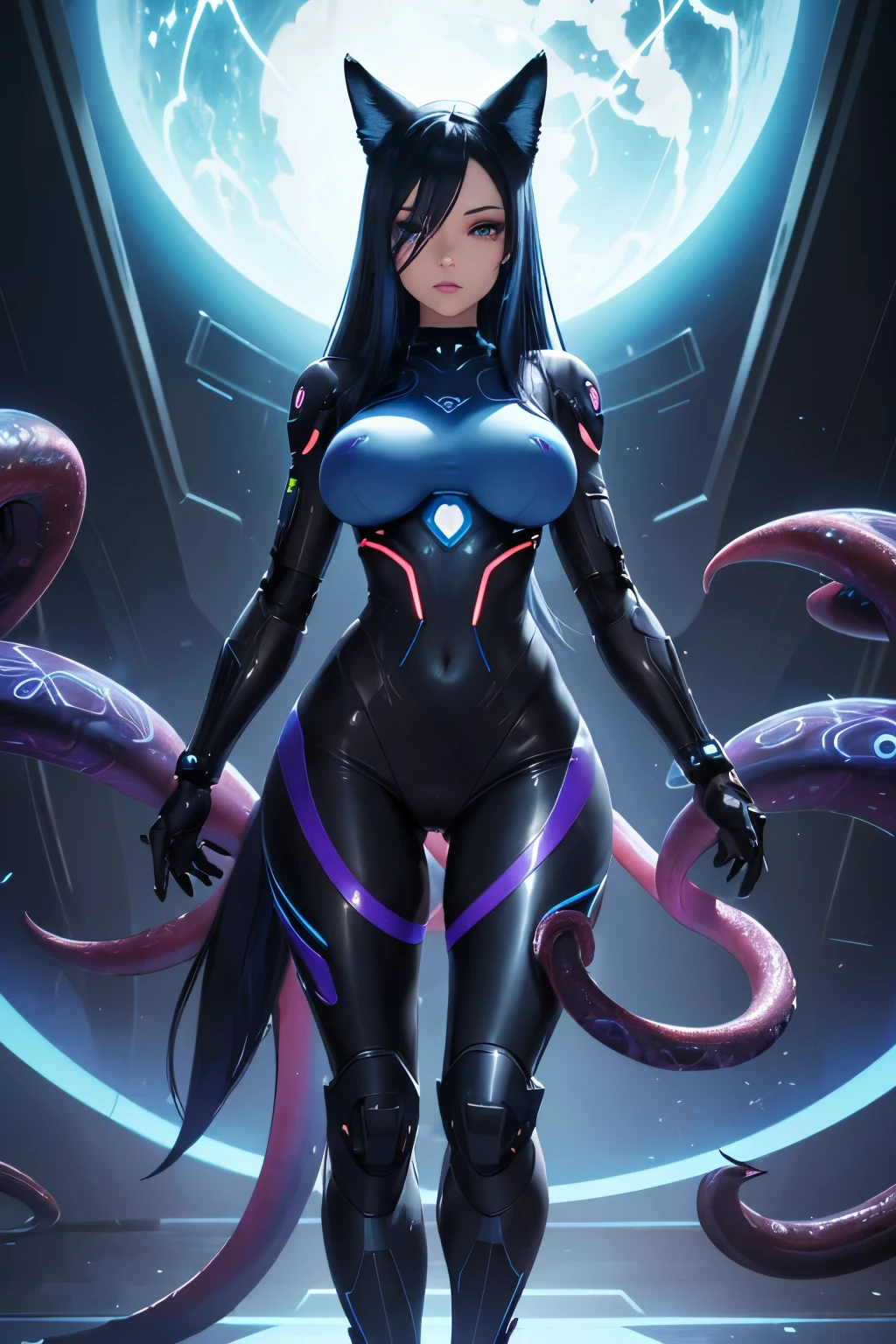 (Drawn by personalami and zaush), (body stripes:1.3), (futuristic dark blue fox cyber woman:1.4), (long black hair with blue highlights:1.3), (masterpiece, 8k, HDR, highest quality, highly detailed wallpaper), (finger in mouth:1.2), (exhausted from pleasure:1.2), (huge breasts:1.4), (after running:1.2), (tentacles caress side:1.3), (detailed thighs), (womb tattoo:1.2), (detailed face:1.3), snout, (tentacles around thighs:1.2), (futuristic:1.1), (tentacles around body:1.2).