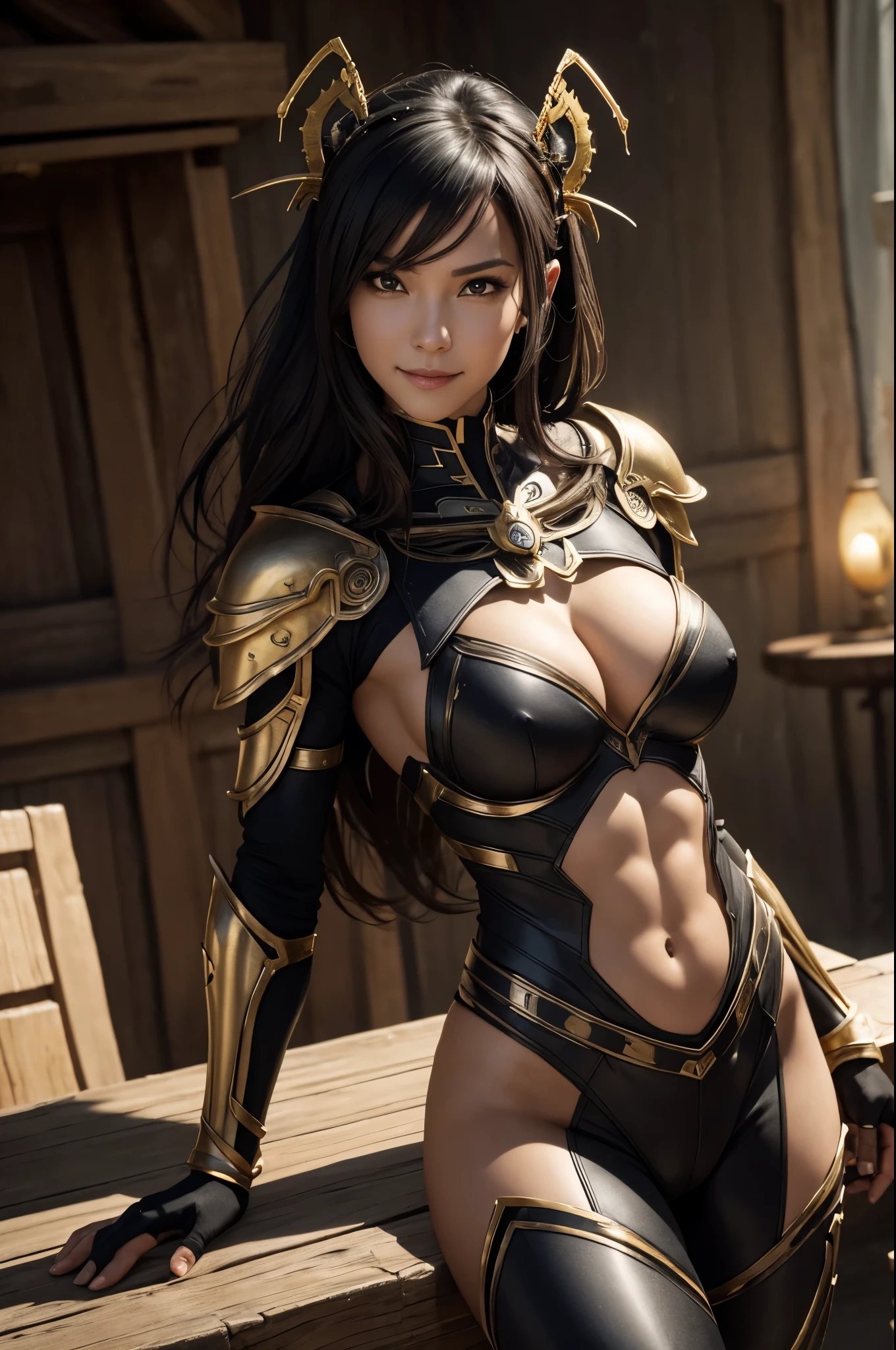 8K,Empress of ants with a slim and muscular body,((highest quality)), ((table top)), ((realistic)), Anthropomorphism of ants, Women who did, artistic anatomic hands, Artistic anatomy, black eye, woman's face, , sharp focus, studio, intricate details, very detailed, Big black eyes, figure, very detailed, sharp focus, digital rendering, Professional, 8K beautiful expression Super A high resolution big breasts,skin that looks real,Black Sexy Combat Suit,gorgeous black pants,いたずらなsmile,Ant's antennae extending from the face,ant emblem decoration,accurate heraldic work,30 year old woman,battle scene,action scene,realistic戦闘,action pose,smile,in the forest,Violent and strongly cracked abdominal muscles,realistic skin,sexy big breast chest armor,Black and silver armor,sexy pose,Emphasizes large cleavage,See here,Seduce,Ant's antennae extending from the forehead(gold)luxurious waist armor,