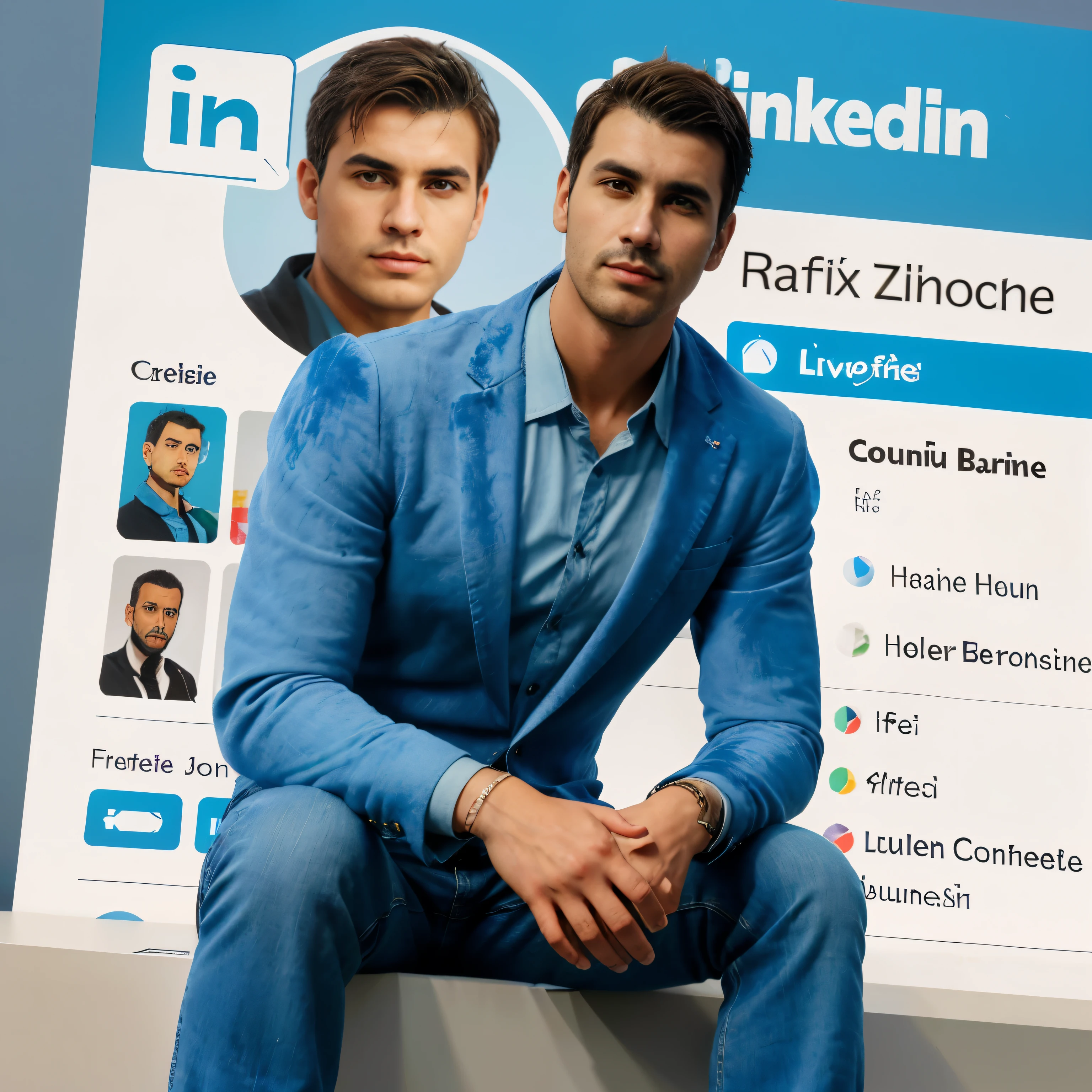 Créez une illustration 3D d'un personnage animé assis nonchalamment sur un logo de réseau social "connexion". Le personnage Un bel homme (vêtu d'une veste en velours bleu,chemise blanche et jean noir:1.2),Grand et en forme , ( 40 ans :1.2), (rasé:1.2), (cheveux bruns très courts:1.3), ((cheveux très courts:1.3)). The background of the image a social media connexion profile page with the user name "Rafik ZIBOUCHE " et une photo de profil qui correspond au personnage animé.