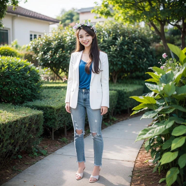 photography, garden house, Garden improvement location, Blue Shirt, White blazer, Blue jeans, Sip coffee while standing, Smiling enjoying coffee, 19 year old college girl, cute young woman, beautiful girl, Indonesian model, White, healthy skin, delicate eyes, Double eyelids, earring, flower crown, full body photo, realistic hand, realistic fingers, detailed hands, Finger Details, (:1.2)
