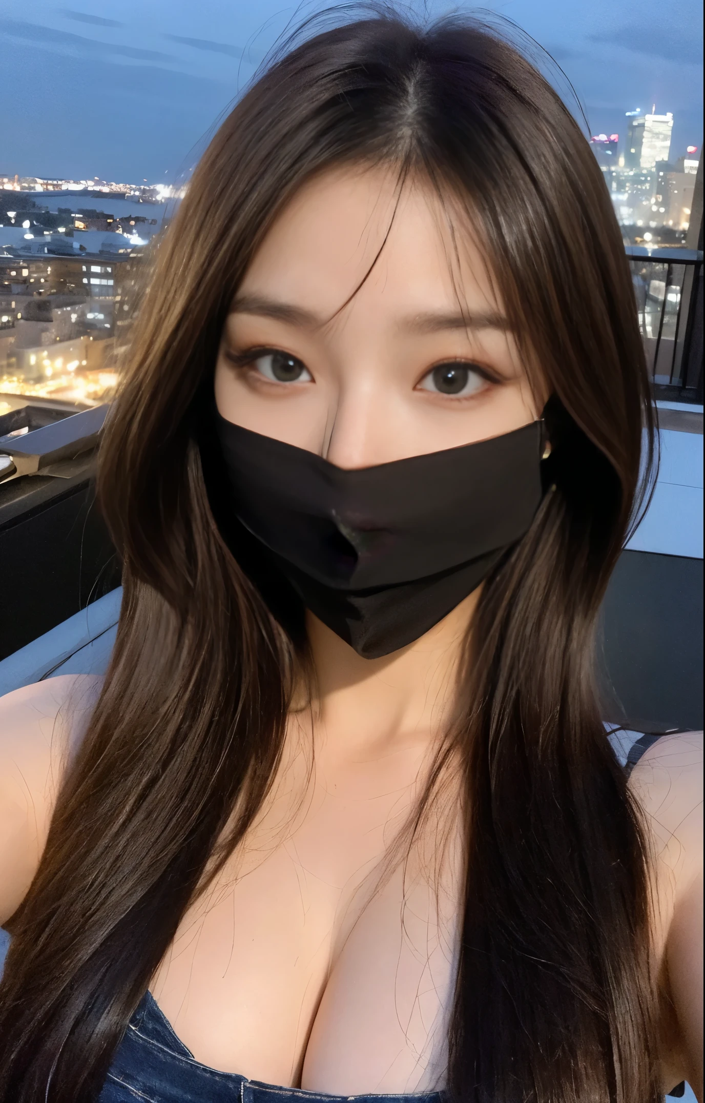 ((midnight, highest quality, 8K, masterpiece :1.3)), whole body, long legs, sharp focus :1.2, beautiful woman with perfect figure :1.4, thin abs :1.1, ((dark brown hair, big breasts :1.2)), (white tight t-shirt, jean bib, Are standing:1.2), ((View of the city at night, rooftop:1.3)), Highly detailed face and skin texture, fine eyes, double eyelid,Wearing a black mask