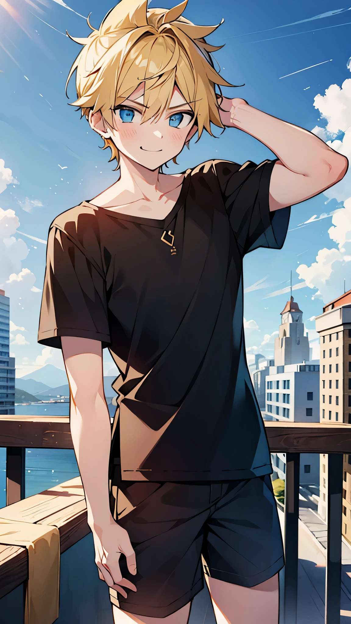 ,highres,wallpaper,solo,original,illustration,blue eyes,yellow hair,masterpiece,male,male focus,boy, ((masterpiece)),(((best quality))), (high-quality, breathtaking), (expressive eyes, perfect face), 1boy, solo, male,on street, sky, day，shorts, smirk,black shirt,short hair:1.2，少年，