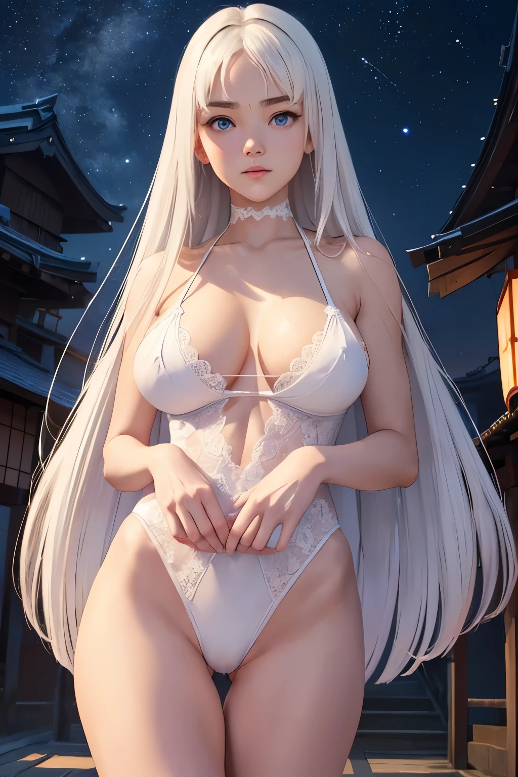 Woman 18 years old, full length body view, (long straight white hair), (wearing white lace swimsuit:1.2), (huge breasts:1.3), (open breasts:1.2), (deep cleavage:1.1), general view, sharp focus, realistic, (muscular), pretty thin, (very detailed hair1.3), (very detailed face, eyes and skin), (cute face:1.3), (clear facial features), 4k, best quality, (Japanese village at night with a clear night sky in the background:1.3), detailed background, (deep blue eyes:1.3), (face reddened with shame), (huge amount of small details:1.2).