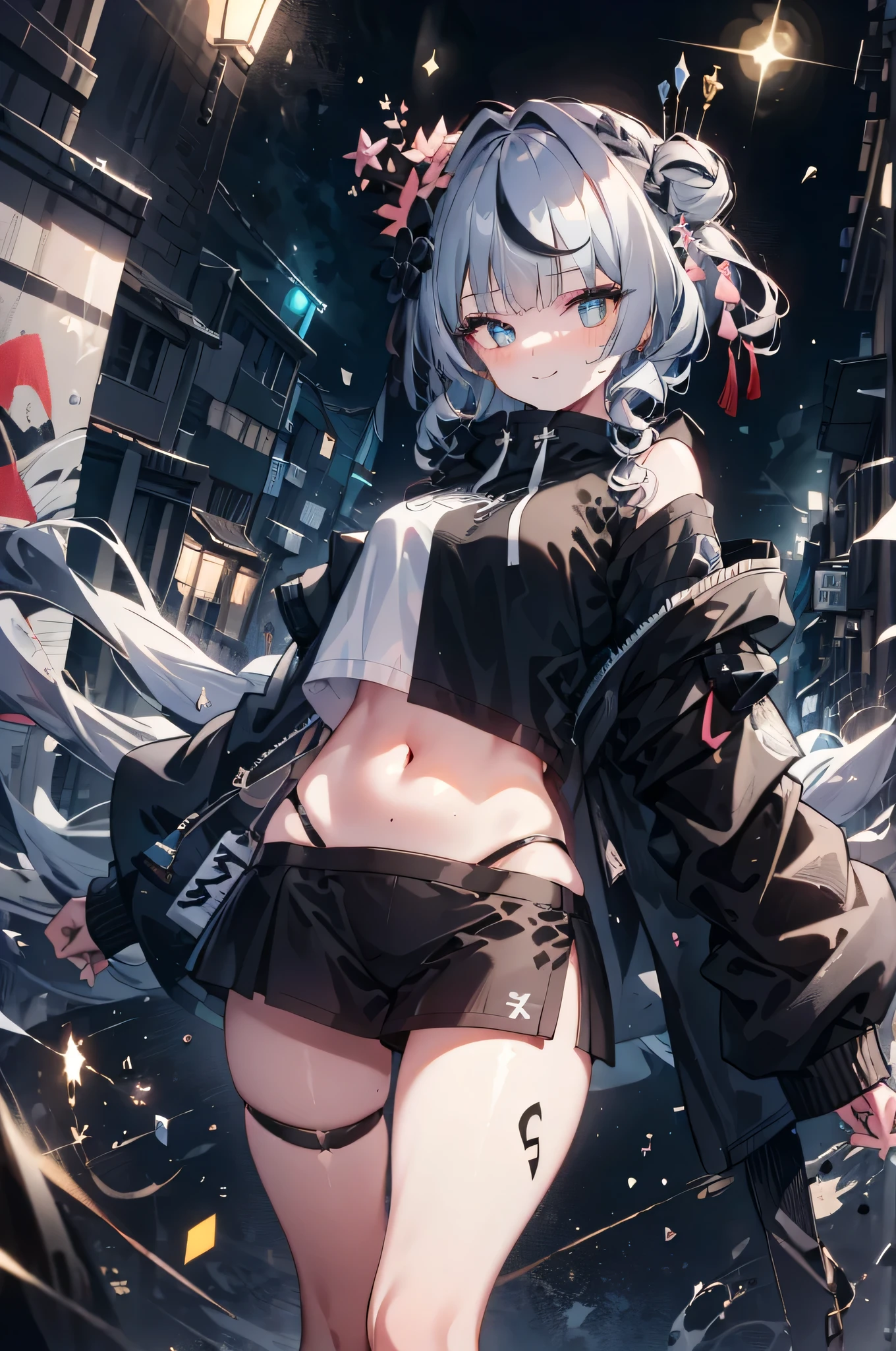 illustration, best quality, Super detailed, Super fine skin,Lovely, charming, Very detailed,8k,alone,1 girl, Detailed background,, 💫,⭐️,🌟,✨,night,dynamic angle,beautiful eyes,fierce,Smile,(streetwear:1.5),街头wind ,(emphasis splash ),splash,Graffiti,spray can,❤️,sports,navel,(crop top:0.8),(piercing ears:0.7),Two-tone hair color,(cool),(human development report:1),wind
,(Ciliu:1.2),perfect hands,positive,RETRO 艺术wind格, neon_POP 艺术wind格, 艺术wind格