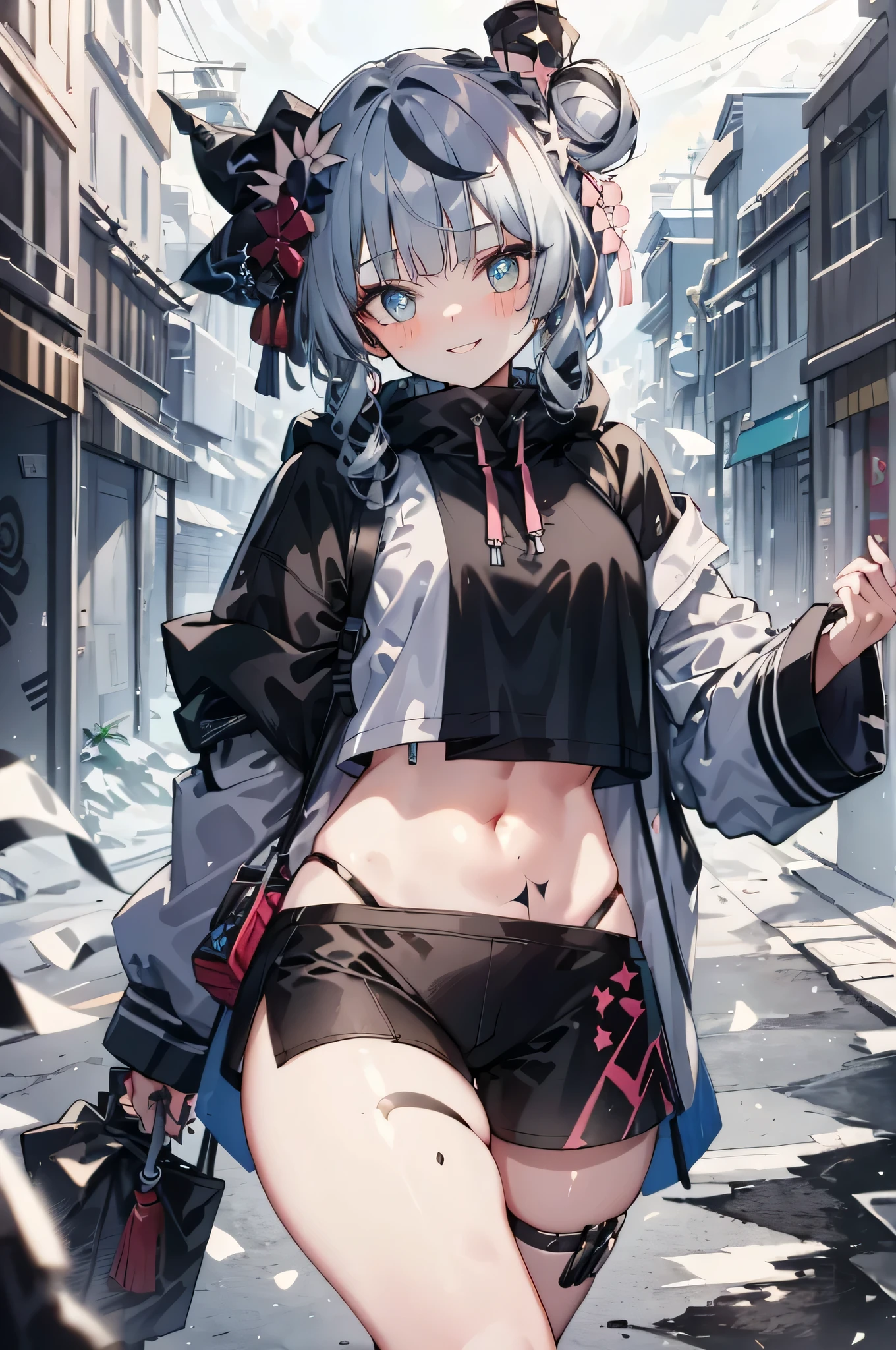 illustration, best quality, Super detailed, Super fine skin,Lovely, charming, Very detailed,8k,alone,1 girl, Detailed background,, 💫,⭐️,🌟,✨,night,dynamic angle,beautiful eyes,fierce,Smile,(streetwear:1.5),街头wind ,(emphasis splash ),splash,Graffiti,spray can,❤️,sports,navel,(crop top:0.8),(piercing ears:0.7),Two-tone hair color,(cool),(human development report:1),wind
,(Ciliu:1.2),perfect hands,positive,RETRO 艺术wind格, neon_POP 艺术wind格, 艺术wind格