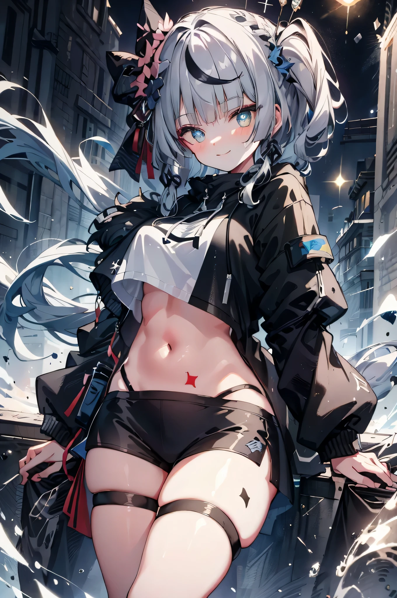 illustration, best quality, Super detailed, Super fine skin,Lovely, charming, Very detailed,8k,alone,1 girl, Detailed background,, 💫,⭐️,🌟,✨,night,dynamic angle,beautiful eyes,fierce,Smile,(streetwear:1.5),街头wind ,(emphasis splash ),splash,Graffiti,spray can,❤️,sports,navel,(crop top:0.8),(piercing ears:0.7),Two-tone hair color,(cool),(human development report:1),wind
,(Ciliu:1.2),perfect hands,positive,RETRO 艺术wind格, neon_POP 艺术wind格, 艺术wind格