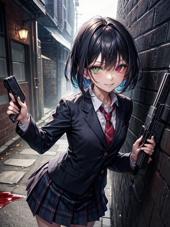 (masterpiece), best quality, high quality, dynamic light, 1boy, solo, school uniform, (blue tie), (heterochromia), (blue left eye, yellow right eye:1.1),  sadistic smile, sadistic expression, smirk, (glowing yellow eye), (hairstyle: straight), black hair, middle hair, (hair covers the eye:1.2), with a gun, flintlock, night sky, bloodstains on the walls, dark alley, horror, brick wall on backround
