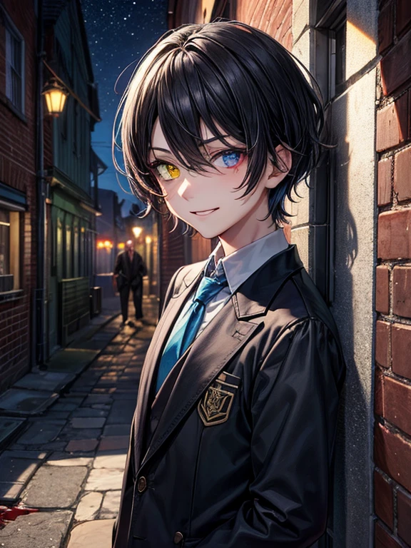 (masterpiece), best quality, high quality, dynamic light, 1boy, solo, school uniform, (blue tie), (heterochromia), (blue left eye, yellow right eye:1.1), sadistic smile, sadistic expression, smirk, (glowing yellow eye), (hairstyle: straight), black hair, middle hair, (hair covers the eye:1.2), with a gun, flintlock, night sky, bloodstains on the walls, dark alley, horror, brick wall on backround