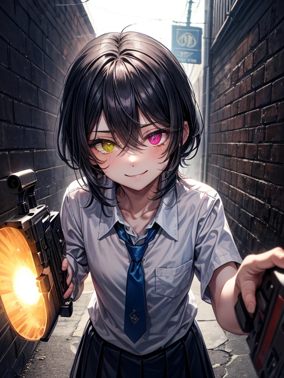 (masterpiece), best quality, high quality, dynamic light, 1boy, solo, school uniform, (blue tie), (heterochromia), (blue left eye, yellow right eye:1.1),  sadistic smile, sadistic expression, smirk, (glowing yellow eye), (hairstyle: straight), black hair, middle hair, (hair covers the eye:1.2), with a gun, flintlock, night sky, bloodstains on the walls, dark alley, horror, brick wall on backround