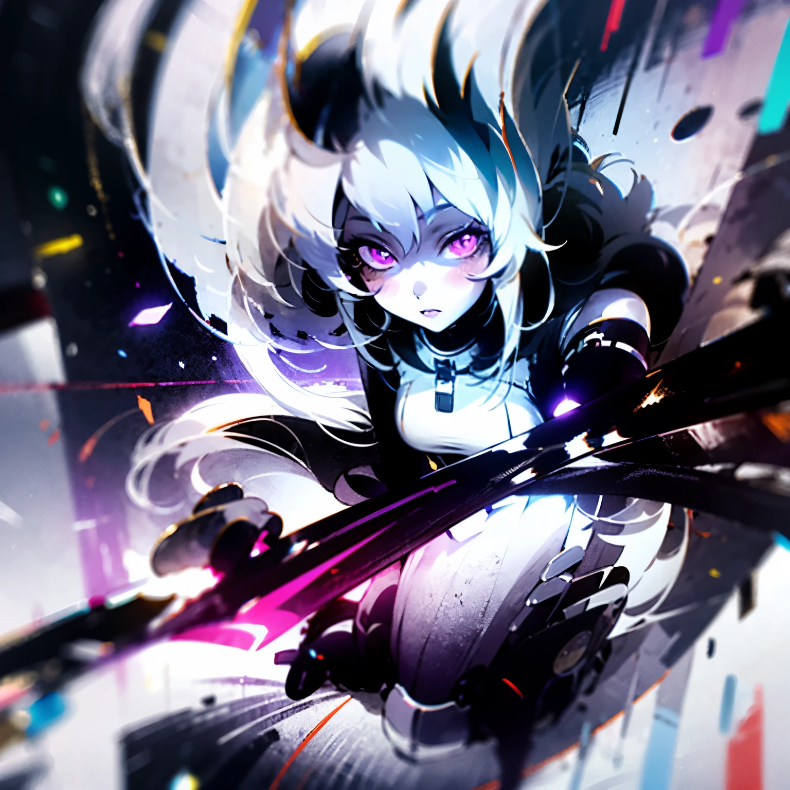 realistic, 1girl, white hair, purple eyes, glowing eyes, crop top, skirt, parted lips, blush, night , she holding a sword , white background , high quality , high contrast , 8k resolution , seating on kness , full body shown,
hot body, futuristic clothes, pretty face, wide perspective view,
low point of view
