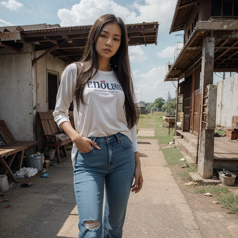 Thai Woman, look at viewer, long hair, shirt, jeans, cloud, day, sky,outdoors, post-apocalypse,