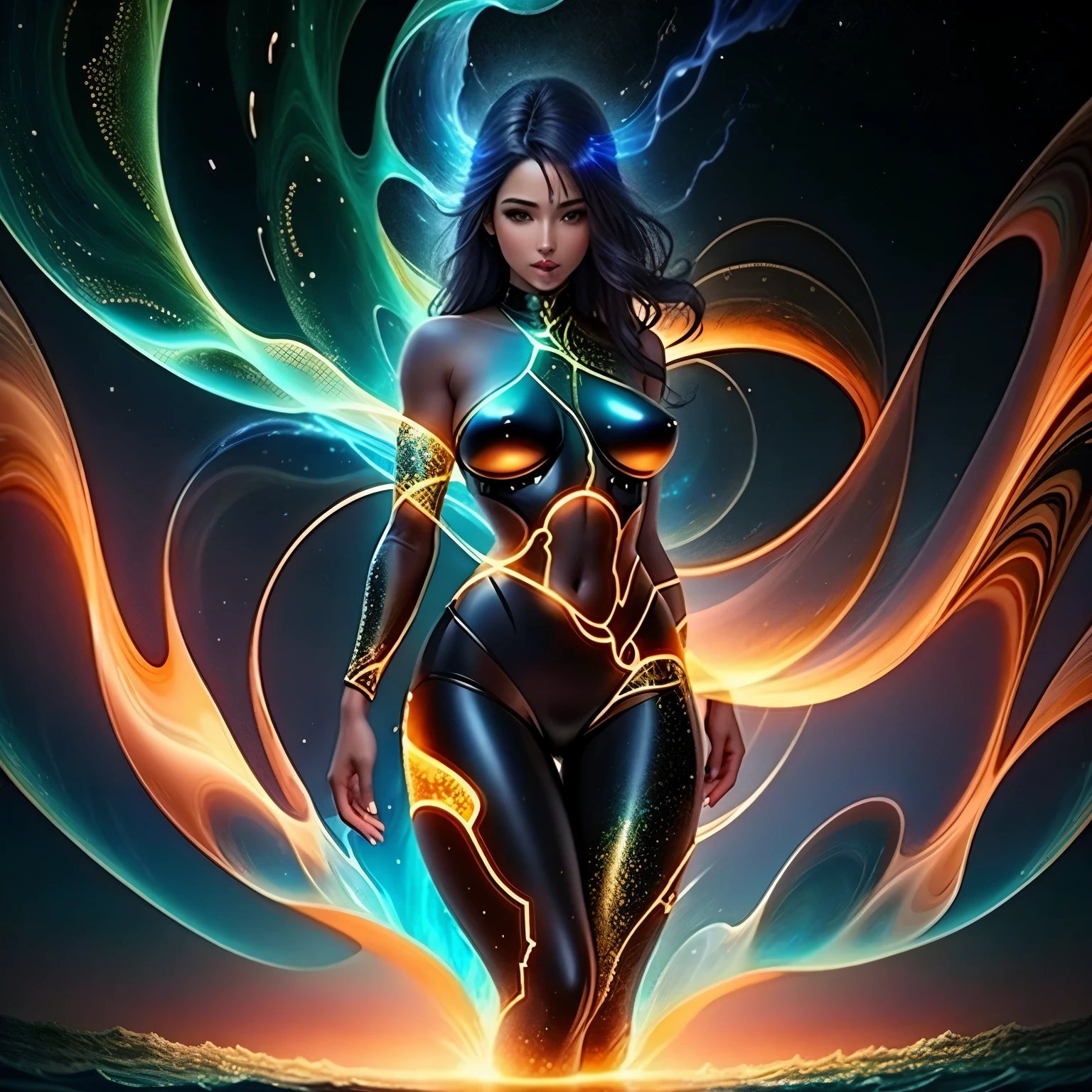 Midnight Mirage, figura de retrato da mulher com pele sedosa, pernas bonitas, surrealmente integrado em ambiente abstrato e realista estilo Artgerm, contrastes de cores, pinceladas vibrantes e finas sugerem movimento, textura, sparkling lights intertwined with deep shadows, retrato submerso em misterioso, encantador ambiente noturno, elementos abstratos, detalhamento realista, hipnotizante, aura de enigma, cena cativante, ultra fino, Illusion engine, potcoll