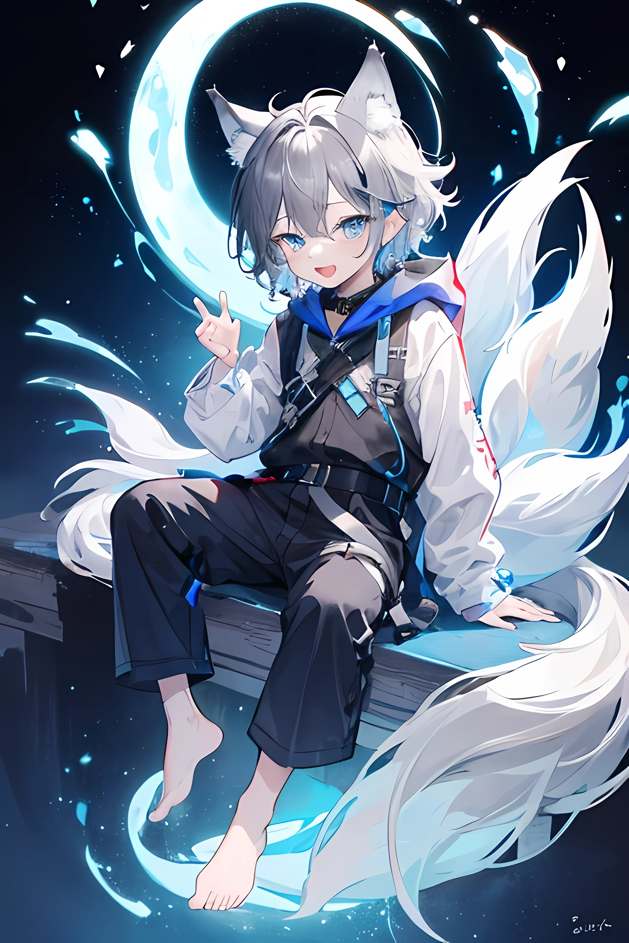 (1boy), (Shota), (HD quality, masterpiece level), cute character, dark gray hair, blue shiny detailed eyes, (wolf ears), (wolf tail:1.2), one tail, (earless),  boy, (ears covered), (ears covered with hair), bunch of blue bangs, full body shot, chubby face, happy, cute feet, cute face, solo, cinematic lighting,