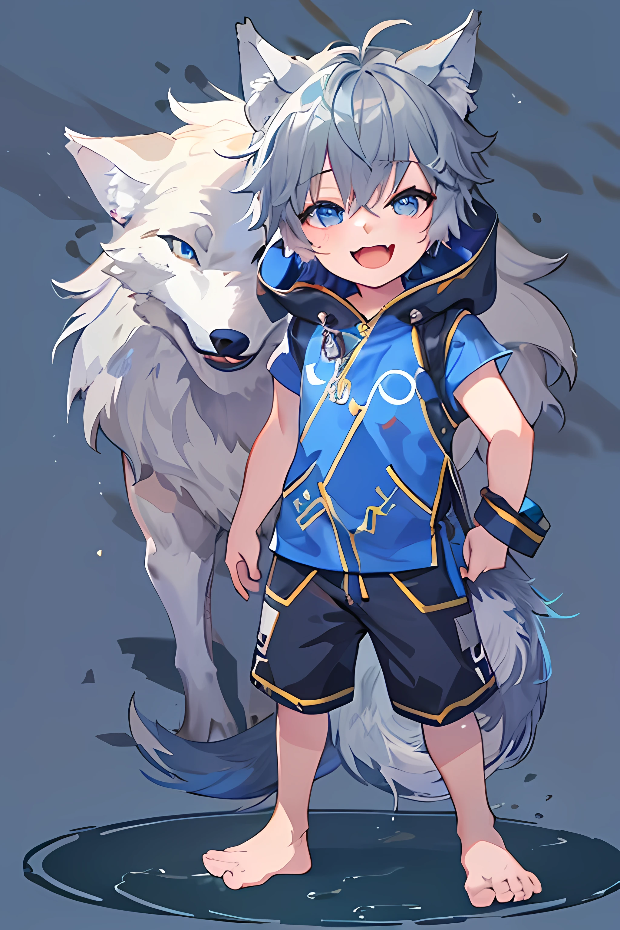 (1boy), (Shota), (HD quality, masterpiece level), cute character, dark gray hair, blue shiny detailed eyes, (wolf ears), (wolf tail:1.2), one tail, (earless), boy, (ears covered), (ears covered with hair), bunch of blue bangs, full body shot, chubby face, happy, cute feet, cute face, solo, cinematic lighting,