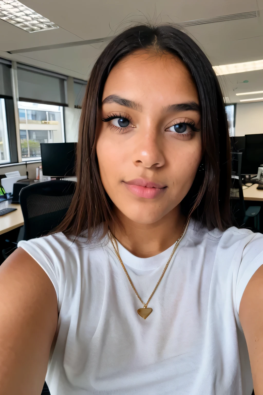 selfie, brown girl, 24 year old,beatiful, with blue eyes in the office