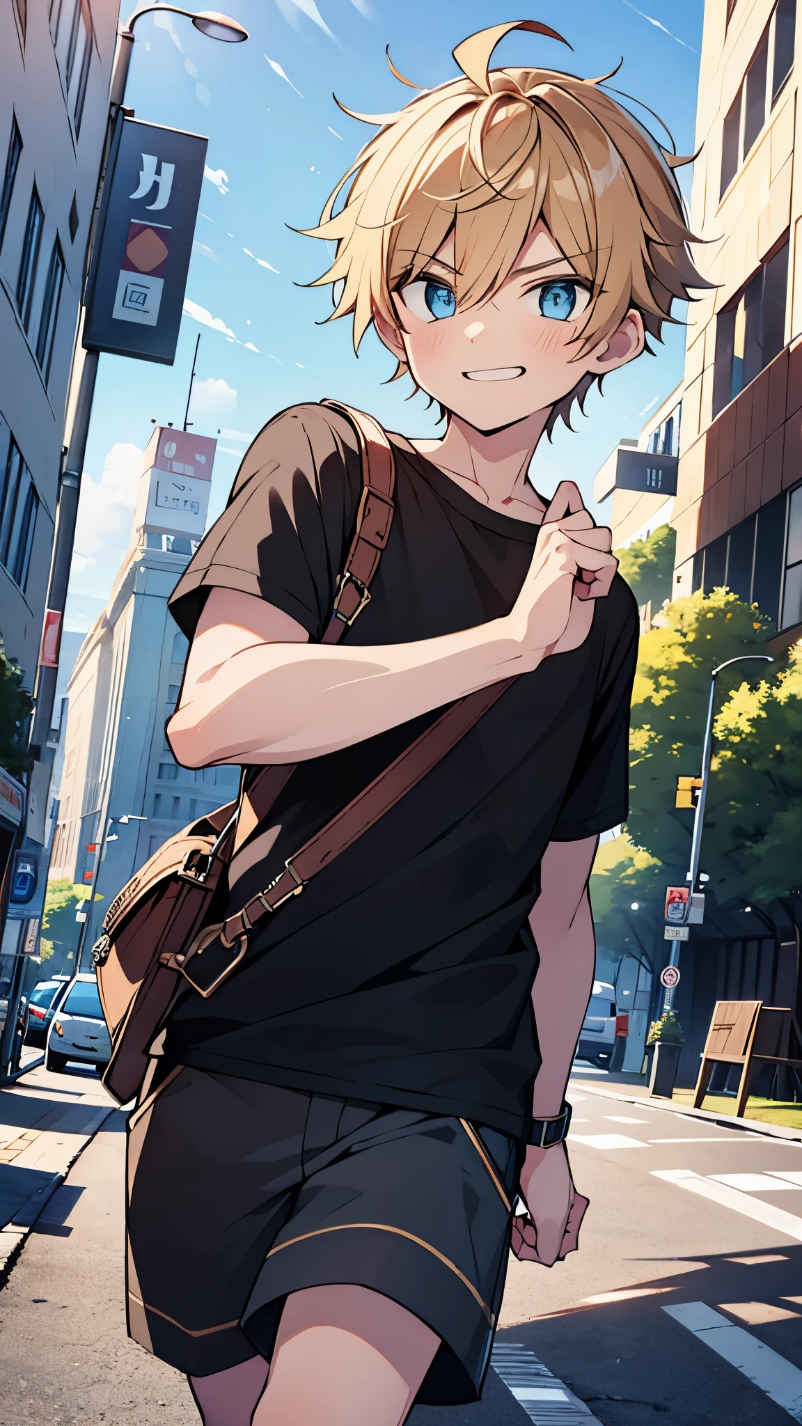 ,highres,wallpaper,solo,original,illustration,blue eyes,ymasterpiece,male,male focus,boy, ((masterpiece)),(((best quality))), (high-quality, breathtaking), (expressive eyes, perfect face), 1boy, solo, male,on street, sky, day,shorts, smirk,black shirt,short hair:1.2,少年,bulge