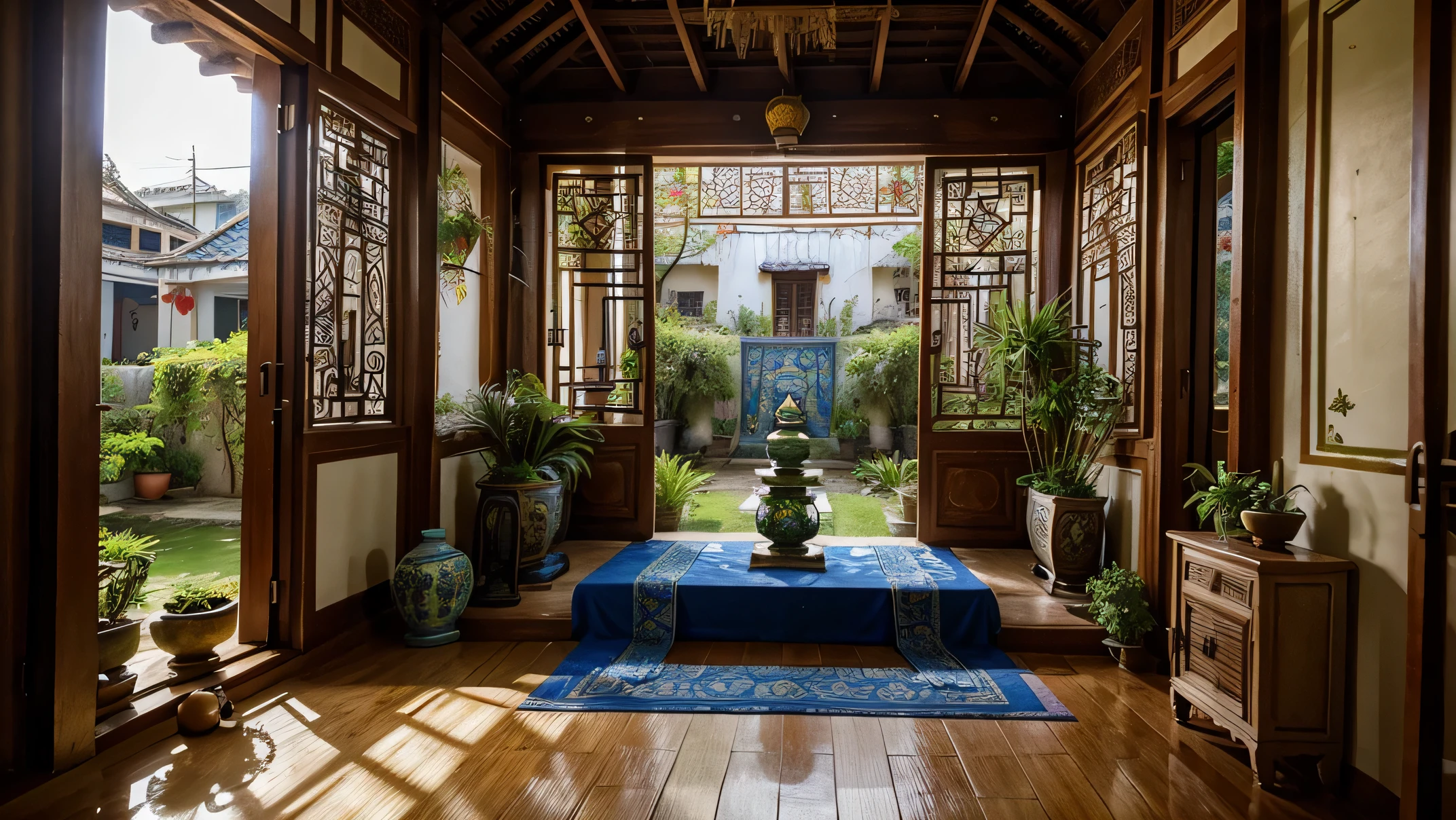 Inside a quaint Vietnamese house during Tet, vibrant tapestries depicting ancient tales cover the walls, the scent of fresh herbs from a nearby garden permeates, a peaceful scene with families gathered around a ceremonial altar, creating an atmosphere of reverence and tradition, Sculpture, clay modeling with intricate detailing, --ar 16:9 --v 5