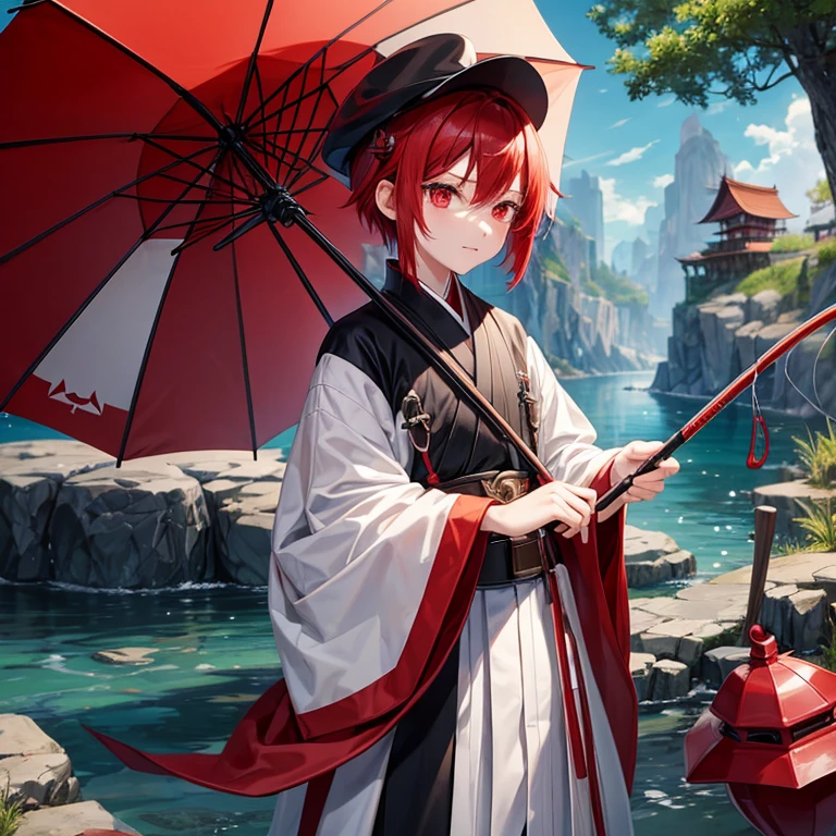 red hair、red eyes、small black hat、neutral face、fishing rod、white clothes、short hair、male、In Building、Shota、Skantz、umbrella