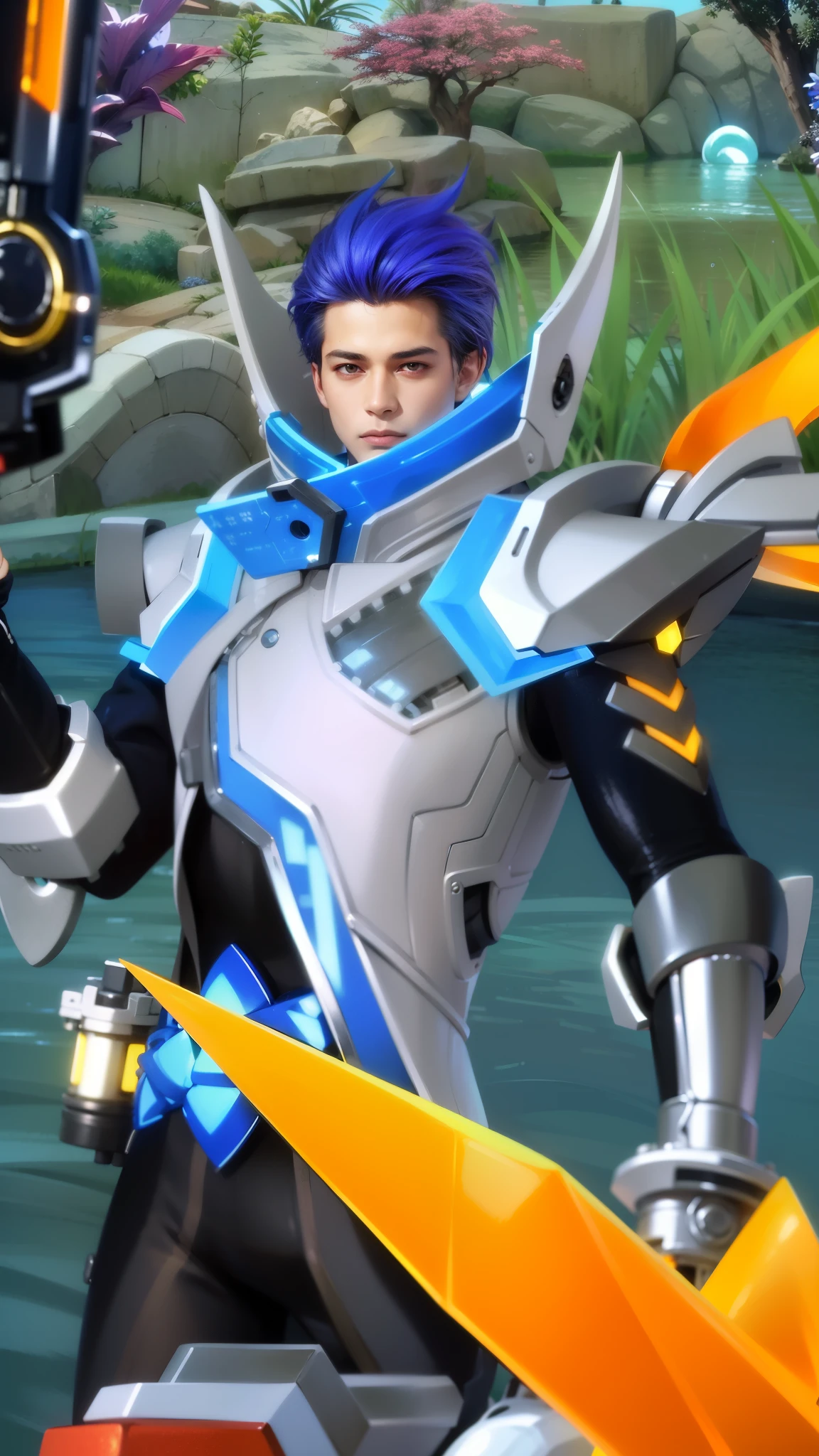 masculine male, masterpiece, ((perfect eyeest quality, (semirealism:1.9), beautiful lighting, (extremely detailed CG unity 4k fhd wallpaper), High Detail, Sharp focus, dramatic outdoors, 1 boy ,19 years old, blue hair, light purpel eyes, 1boy,blue hair, best quality, photo, 4k,looking at viewer,full body,wear red armor.