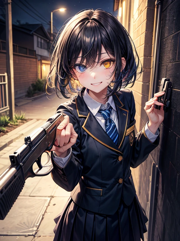 (masterpiece), best quality, high quality, dynamic light, 1boy, solo, school uniform, (blue tie), (heterochromia), (blue left eye, yellow right eye:1.1), sadistic smile, sadistic expression, smirk, (glowing yellow eye), (hairstyle: straight), black hair, middle hair, (hair covers the eye:1.2), with a gun, aiming at viewer, holding flintlock, handgun night sky, bloodstains on the walls, dark alley, horror