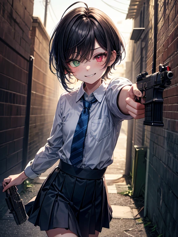 (masterpiece), best quality, high quality, dynamic light, 1boy, solo, school uniform, (blue tie), (heterochromia), (blue left eye, yellow right eye:1.1), sadistic smile, sadistic expression, smirk, (glowing yellow eye), (hairstyle: straight), black hair, middle hair, (hair covers the eye:1.2), with a gun, aiming at viewer, holding flintlock, handgun night sky, bloodstains on the walls, dark alley, horror