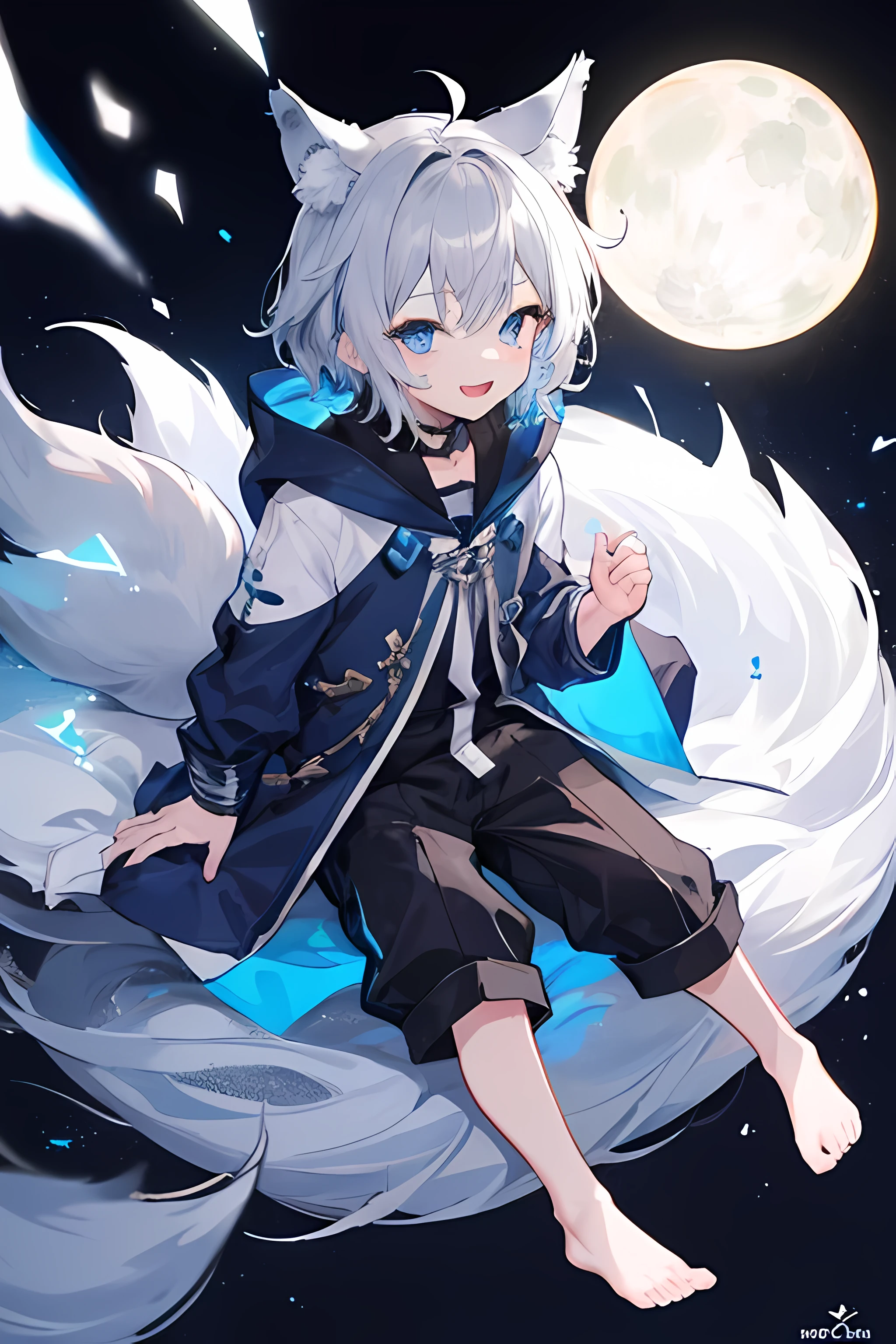 (1boy), (Shota), (HD quality, masterpiece level), cute character, dark gray hair, blue shiny detailed eyes, (wolf ears), (wolf tail:1.2), one tail, (earless),  boy, (ears covered), (ears covered with hair), bunch of blue bangs, full body shot, chubby face, happy, cute feet, cute face, solo, cinematic lighting,