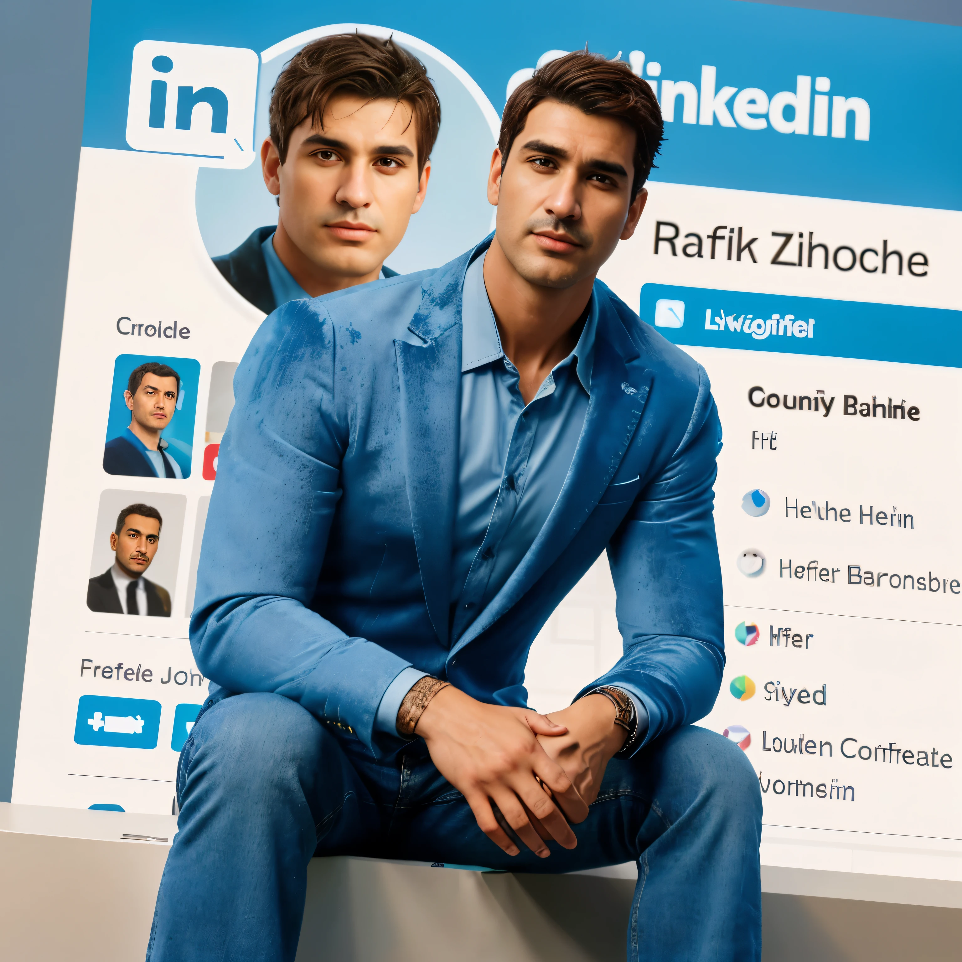 Créez une illustration 3D d'un personnage animé assis nonchalamment sur un logo de réseau social "Connexion". Le personnage est un bel homme (Vêtu d'une veste en velours bleu et d'un jean bleu:1.2),Grand et en forme , ( 40 ans :1.2), (rasé:1.2), (cheveux bruns très courts:1.3), ((cheveux très courts:1.3)). The background of the image is a social media Connexion profile page with the user name "Rafik ZIBOUCHE " et une photo de profil qui correspond au personnage animé.