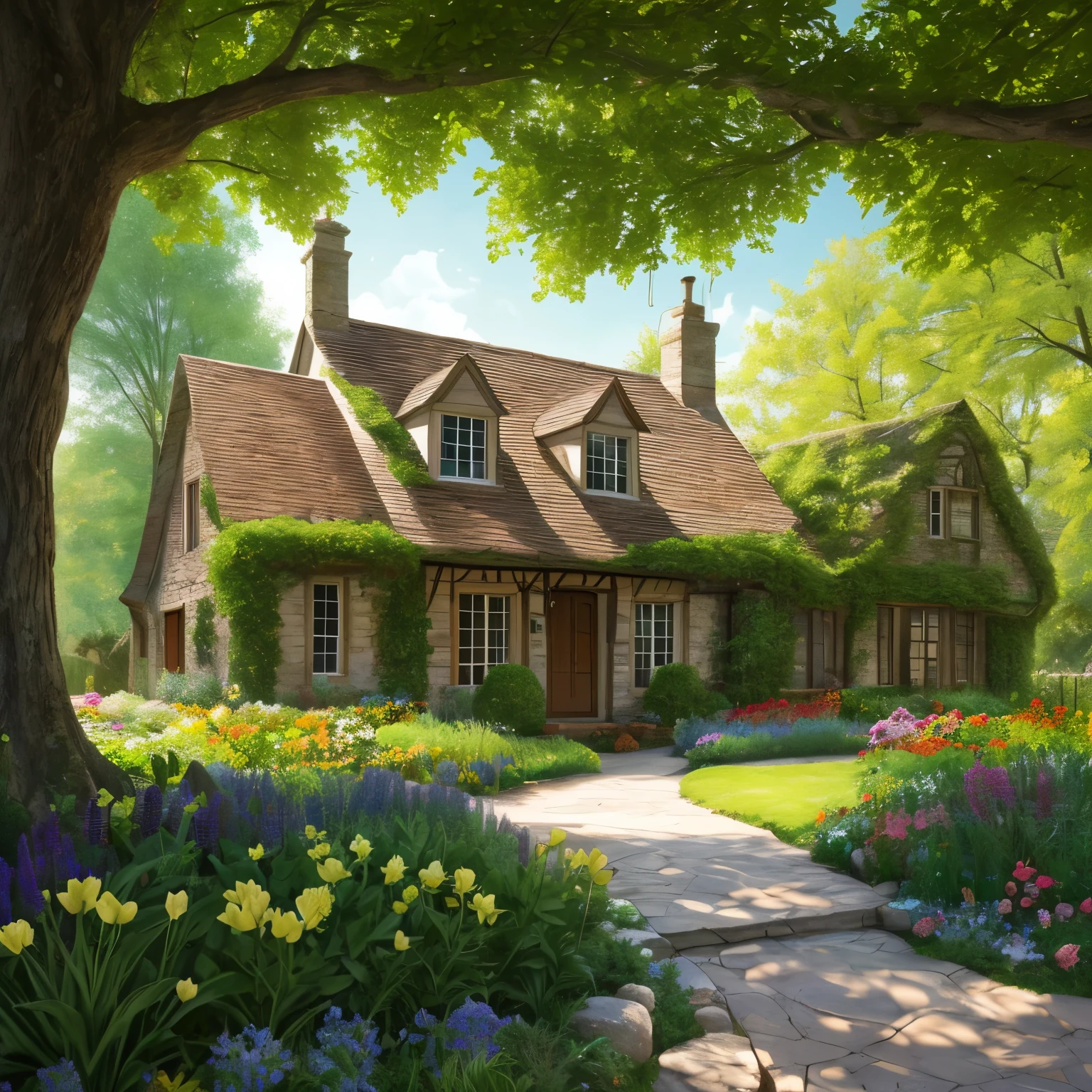 ((Realistic lighting, superlative, 8k, masterpiece: 1.3)),1800s house, medieval house, classic fairy tale, british cottage house, stone cottage, stone house, lightless, nature-friendly, classic house landscape, film photography, Kodak, film grain, film photography, concept photography, actual, realistic, unenlarged, no wide, no distortion, garden, flower garden