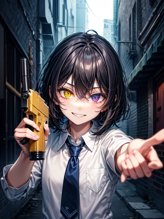 (masterpiece), best quality, high quality, dynamic light, 1boy, solo, school uniform, (blue tie), (heterochromia), (blue left eye, yellow right eye:1.1), sadistic smile, sadistic expression, smirk, (glowing yellow eye), (hairstyle: straight), black hair, middle hair, (hair covers the eye:1.2), with a gun, aiming at viewer, holding flintlock, handgun night sky, bloodstains on the walls, bloodstains everywhere, dark alley, horror