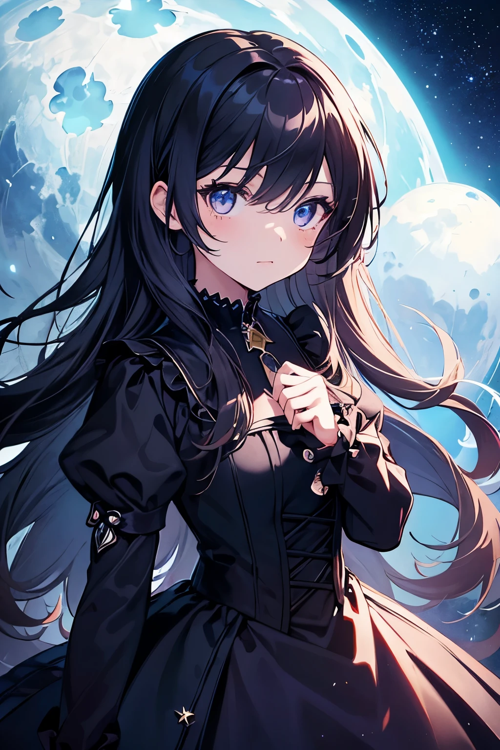 {{{{{panty}}}}}, {{{{{skirt lift}}}}}, masterpiece, best quality, illustration, 1girl, upper body, Gothic dress, cute face, lonely, night sky with stars and moon, longhair, nsfw, nude