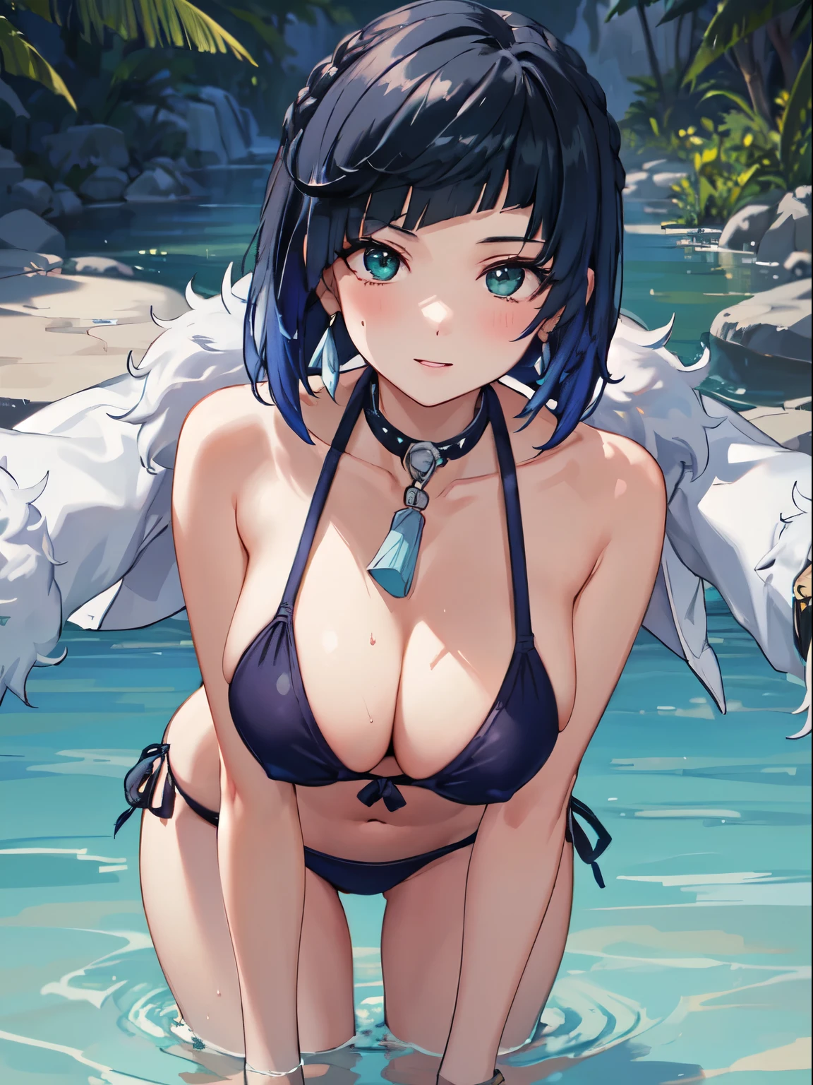 Uma illustration deliciosa de Yelan em águas termais, usando roupas provocantes. Yelan is half naked because the hot springs are delicious. Wearing a bikini based on your standard outfit. um bikini com um decote provocativo e uma pose ultra sexy. with a nice and beautiful expression on her face. A artista captura habilmente o charme e o calor de sua personagem, is a visually captivating portrait of Yelan's kind and approachable nature. The busy bottom of the water adds to the atmosphere, mostrando a vibrante o local onde Yelan se expressa de forma sensual. Esta illustration mostra lindamente a beleza e o comportamento positivo de Yelan, is a visually stunning and captivating portrait, illustration, arte digital