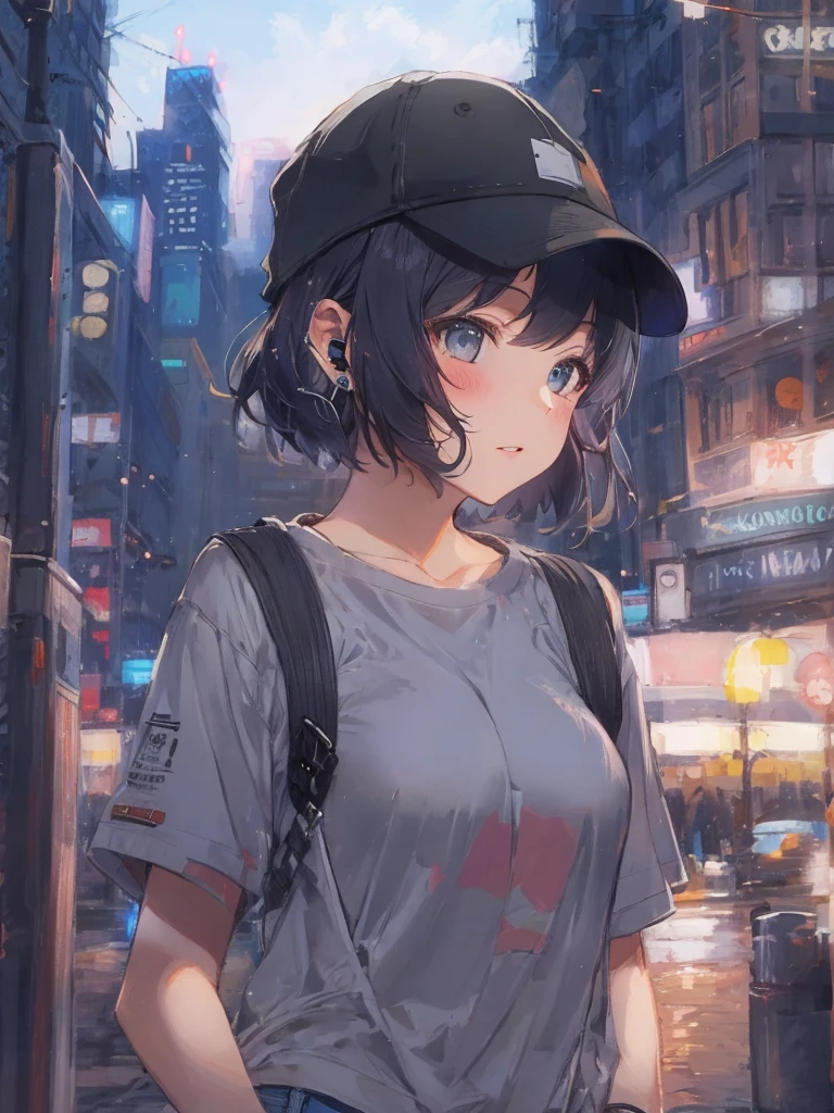 Masterpiece, 8k quality, extremely detailed, one girl, mature female, short black hair, grey eyes, (wearing a backwards hat), (hearing aids), blush, (wearing t-shirt), (jean short shorts), medium breast, thick thighs, night time city background