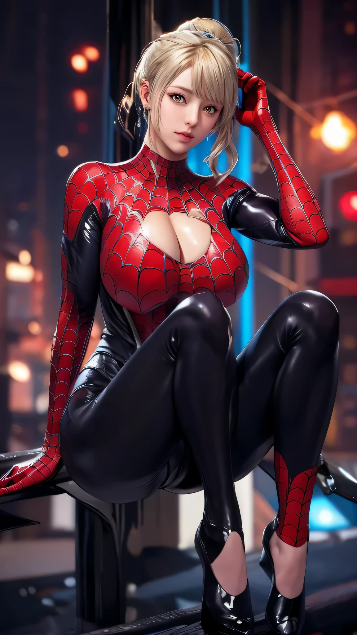 (((blonde hair, Bangs, hair accessories, ponytail, yellow eyes, orange eyes, hair between eyes,(((Denia,spider man,spider man服装,spider tights ))),(((wide hips))),S-shaped body:1.7))),((masterpiece)),high resolution, ((Best quality at best)),masterpiece,quality,Best quality,((( Exquisite facial features,looking at the audience,There light in the eyes,Ha ha,confidence ))),(((Light and shadow interlace,huge))),(((city background,赛博city background)))