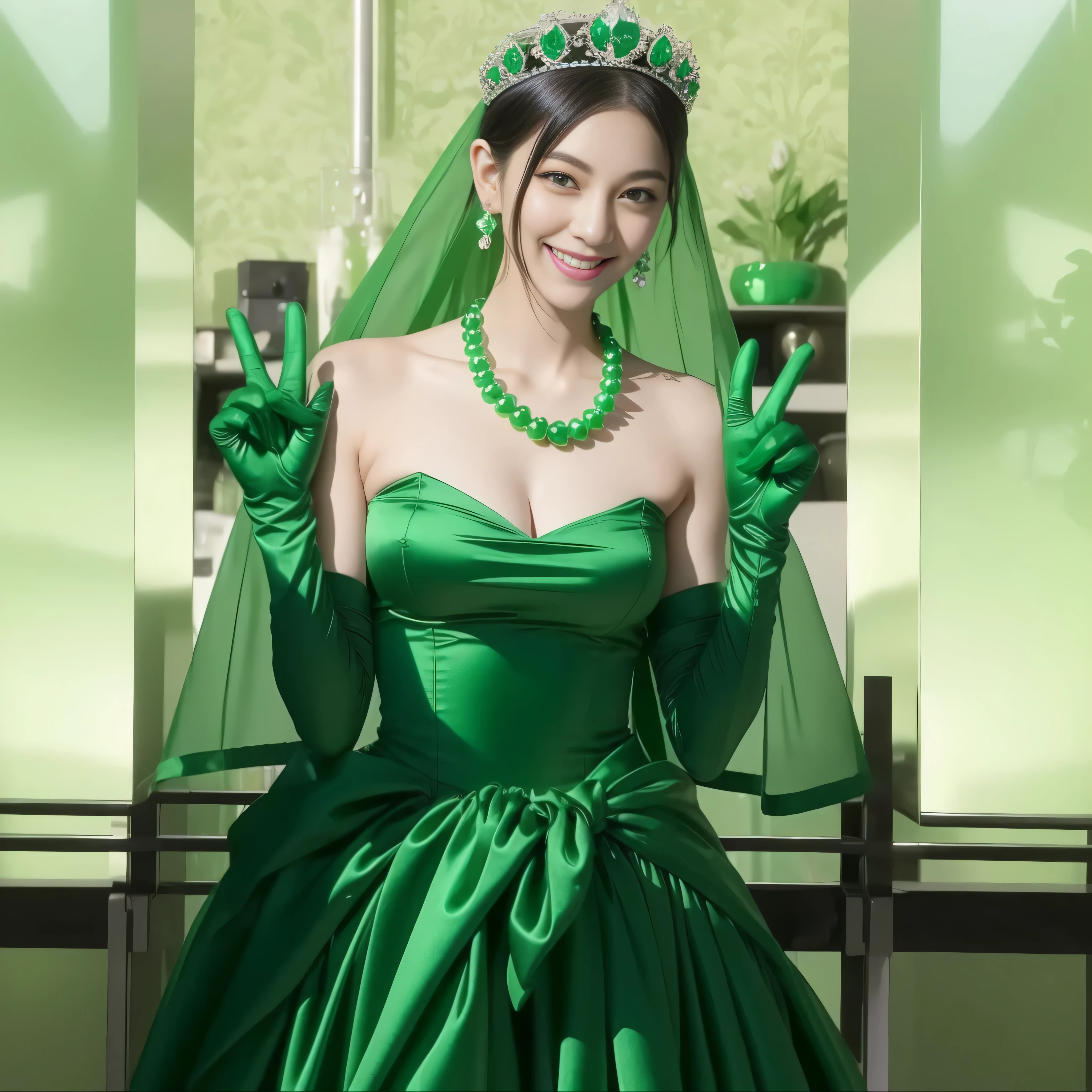 emerald tiara, Green Pearl Necklace, Boyish very short green hair, lipstick, Japan woman smiling, very short hair, big breasts beautiful, green eyes, Long green gloves made of satin material, green eyes, V sign, Emerald Earrings, green vale, 両手でV sign