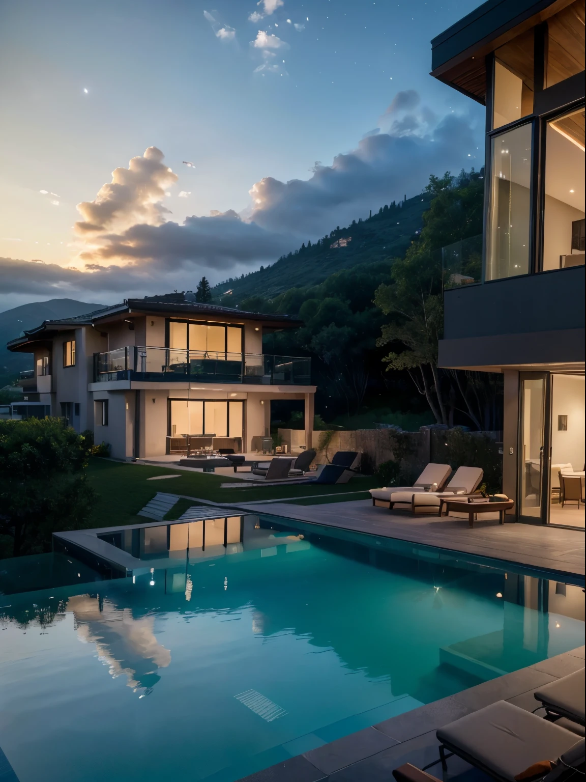 (ultra-realistic,8k,highres,masterpiece:1.2),modern house on top of mountain,villa,beautiful sea view,gorgeous sunset,pool,campfire,spacious gardens,panoramic windows,open concept design,elegant interior,expansive balcony,airy and bright,contemporary architecture,scenic mountains in the background,lush greenery,tranquil atmosphere,cozy seating area,outdoor dining space,relaxing lounge chairs,high-end finishes,vibrant colors,crystal clear water,reflections on the pool's surface,twinkling stars in the night sky,cosy fireside,glistening waves,serene ambiance,sparkling lights illuminating the house,dramatic clouds,picturesque setting.