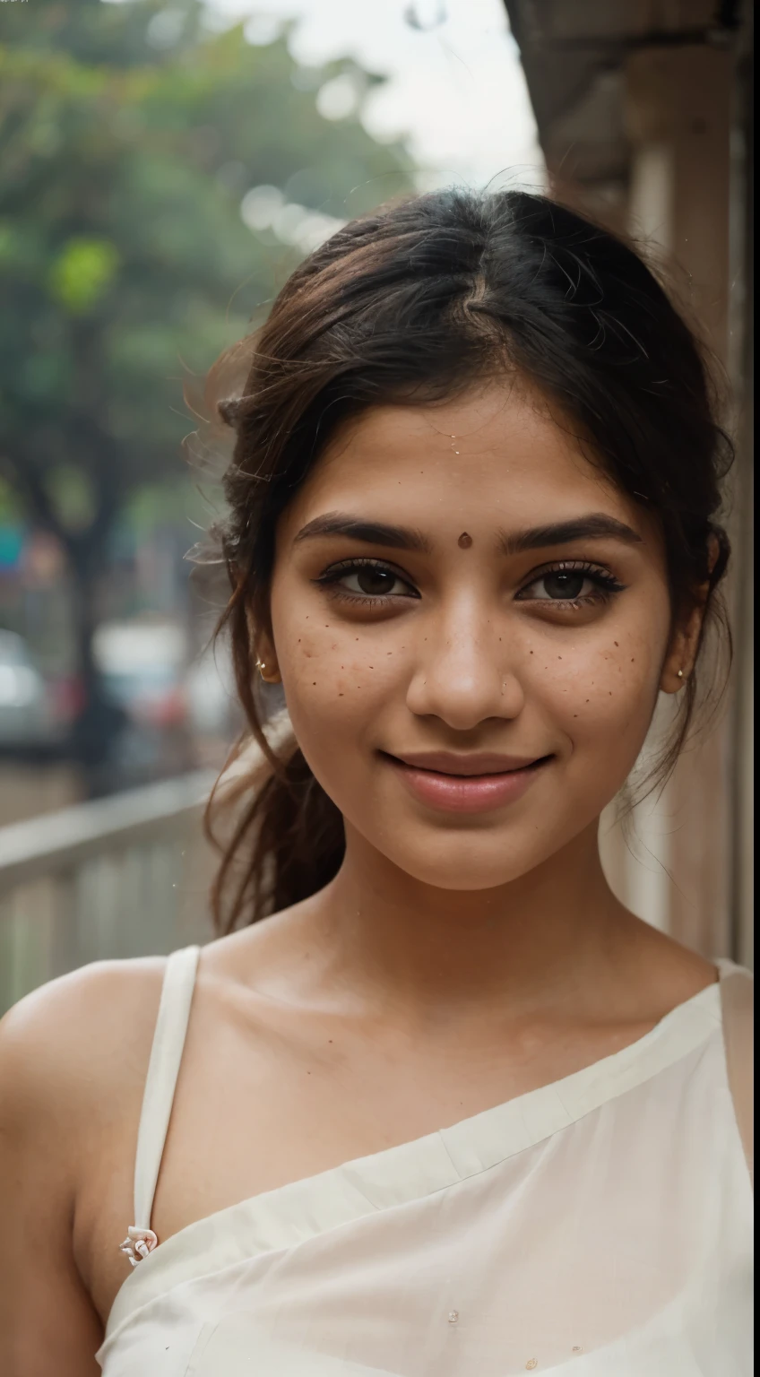 (best quality, ultra-detailed, realistic:1.37), (photograph:1.1), (portrait:1.1), beautiful indian modern mumbai girl age 25, slight freckles, big smile, dark makeup, soft light, full body, cover