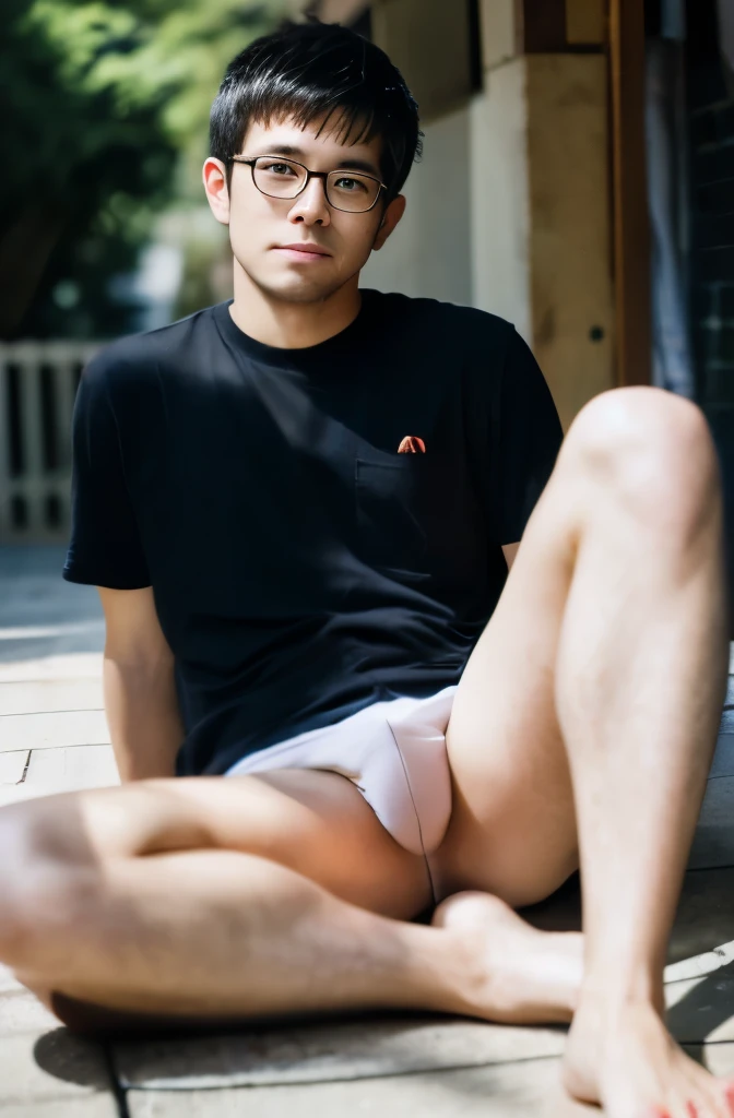 Show your feet clearly, focus in leg, barefoot, Japanese man in his 20s with thick leg hair, black rimmed glasses, shaved sides