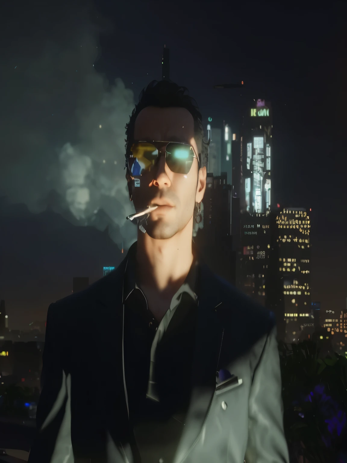 arafed man in a suit smoking a cigarette in front of the city skyline, technologie battue. neo noir style, neo noir style, art cyberpunk ultraréaliste 8k, cyberpunk noir, dans Cyberpunk 2077, neo-noir decor, neo - noir style, Mec Cyberpunk, style de cyberpunk 2 0 7 7, dans la ville cyberpunk