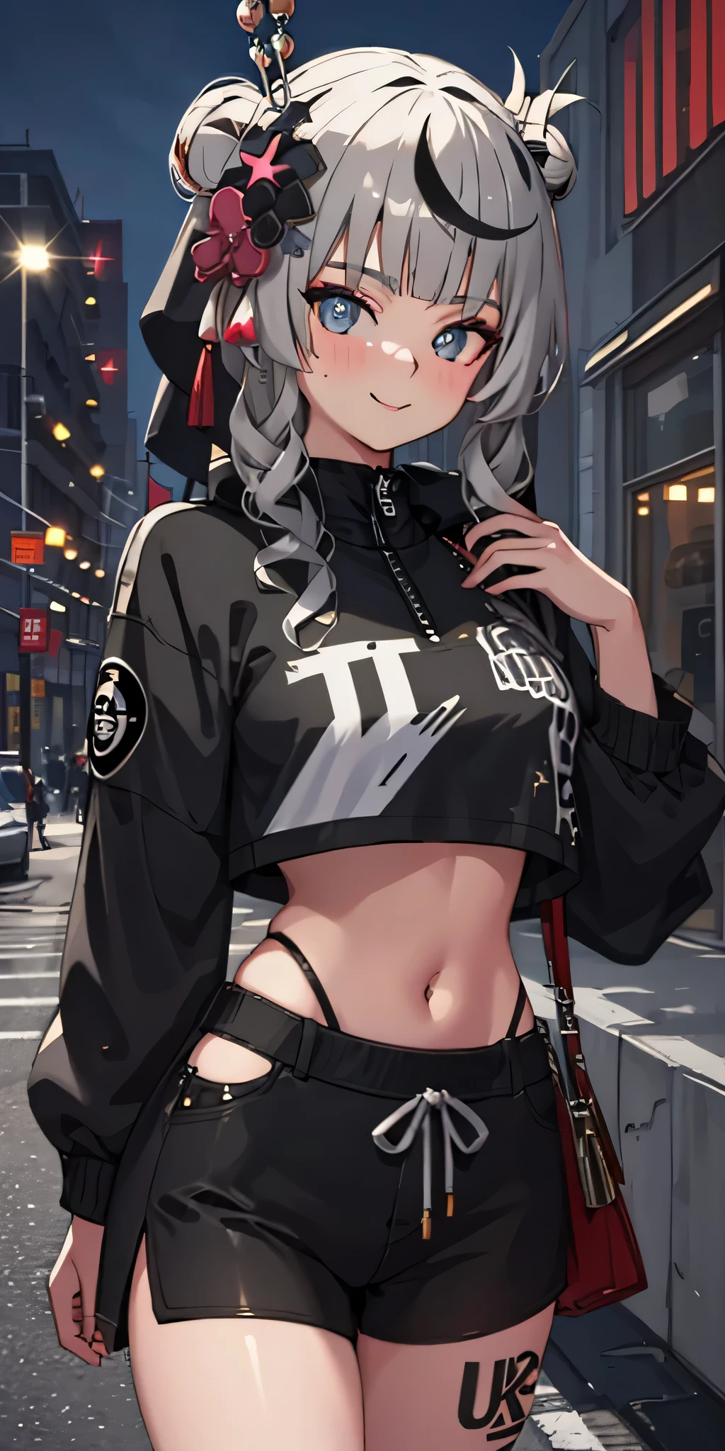 illustration, best quality, Super detailed, Super fine skin,Lovely, charming, Very detailed,8k,alone,1 girl, Detailed background,, 💫,⭐️,🌟,✨,night,dynamic angle,beautiful eyes,fierce,Smile,(streetwear:1.5),街头wind ,(emphasis splash ),splash,Graffiti,spray can,❤️,sports,navel,(crop top:0.8),(piercing ears:0.7),Two-tone hair color,(cool),(human development report:1),wind
,(Ciliu:1.2),perfect hands,positive,RETRO 艺术wind格, neon_POP 艺术wind格, 艺术wind格