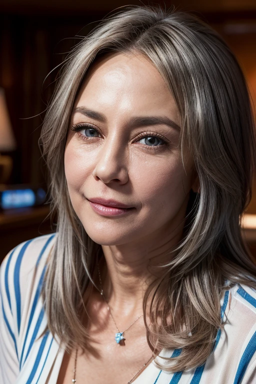 portrait of a 65-year-old woman with gray hair, seductive gaze, long gray hair, brown eyes, a lot of wrinkles on her face, old woman, detailed wrinkles (8K, high resolution、The ultra -The high-definition、staying on a premium yacht, An ultra-high picture quality、Ultrarealistic、Best Quality、masuter piece:1.2)(medium chest、Large cleavage:1.2)(medium breasts are exposed、(Old women in Europe、high-mountaings:1.18)、(Beautiful beach lodge:1.18) transparent western tunic dress, clearly visible pubic shape, partially visible breasts, eyes visible through hair, proper eye position,cinematic light, , soft light, hips, night time, soft moonlight, detailed color graded background, intricate, highly detail, 8k, bondi beach background.