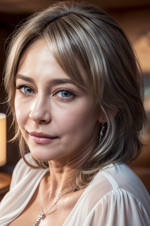 portrait of a 65-year-old woman with gray hair, seductive gaze, long gray hair, brown eyes, a lot of wrinkles on her face, old woman, detailed wrinkles (8K, high resolution、The ultra -The high-definition、staying on a premium yacht, An ultra-high picture quality、Ultrarealistic、Best Quality、masuter piece:1.2)(medium chest、Large cleavage:1.2)(medium breasts are exposed、(Old women in Europe、high-mountaings:1.18)、(Beautiful beach lodge:1.18) transparent western tunic dress, clearly visible pubic shape, partially visible breasts, eyes visible through hair, proper eye position,cinematic light, , soft light, hips, night time, soft moonlight, detailed color graded background, intricate, highly detail, 8k, bondi beach background.