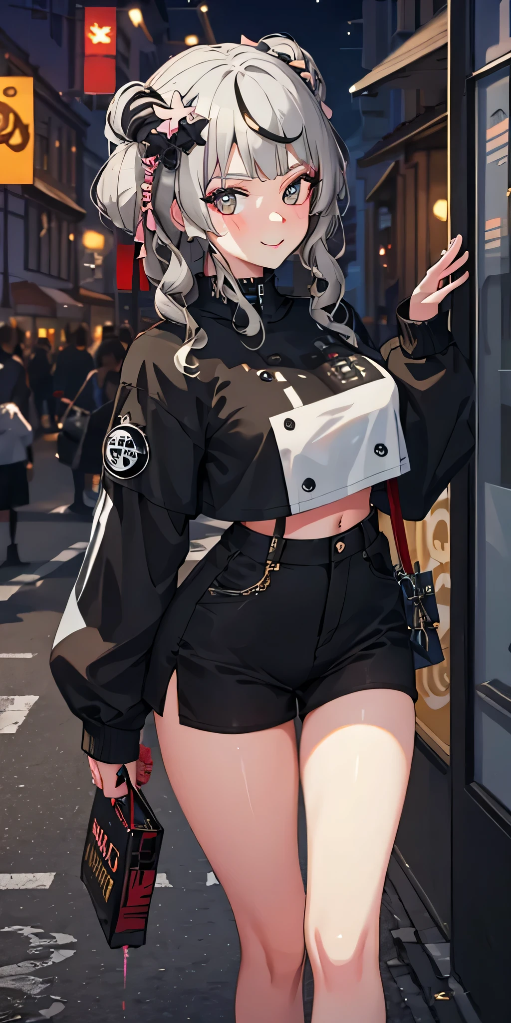 illustration, best quality, Super detailed, Super fine skin,Lovely, charming, Very detailed,8k,alone,1 girl, Detailed background,, 💫,⭐️,🌟,✨,night,dynamic angle,beautiful eyes,fierce,Smile,(streetwear:1.5),街头wind ,(emphasis splash ),splash,Graffiti,spray can,❤️,sports,navel,(crop top:0.8),(piercing ears:0.7),Two-tone hair color,(cool),(human development report:1),wind
,(Ciliu:1.2),perfect hands,positive,RETRO 艺术wind格, neon_POP 艺术wind格, 艺术wind格