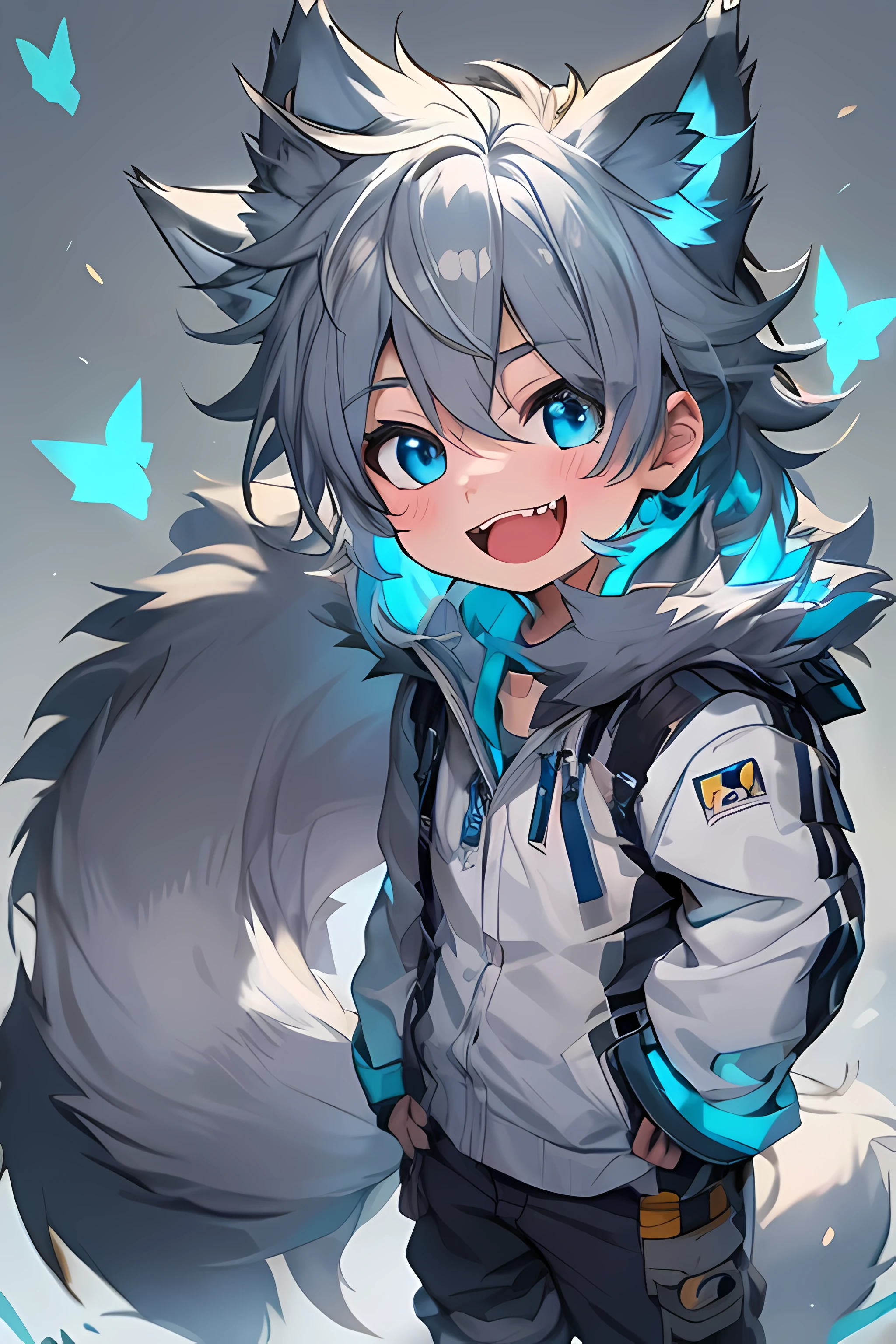 (1boy), (Shota), (HD quality, masterpiece level), cute character, dark gray hair, blue shiny detailed eyes, (wolf ears), (wolf tail:1.2), one tail, (earless), little boy, (ears covered), (ears covered with hair), bunch of blue bangs, full body shot, chubby face, happy, cute feet, cute face, solo, cinematic lighting, (wolf tooth:1.3), happy smile