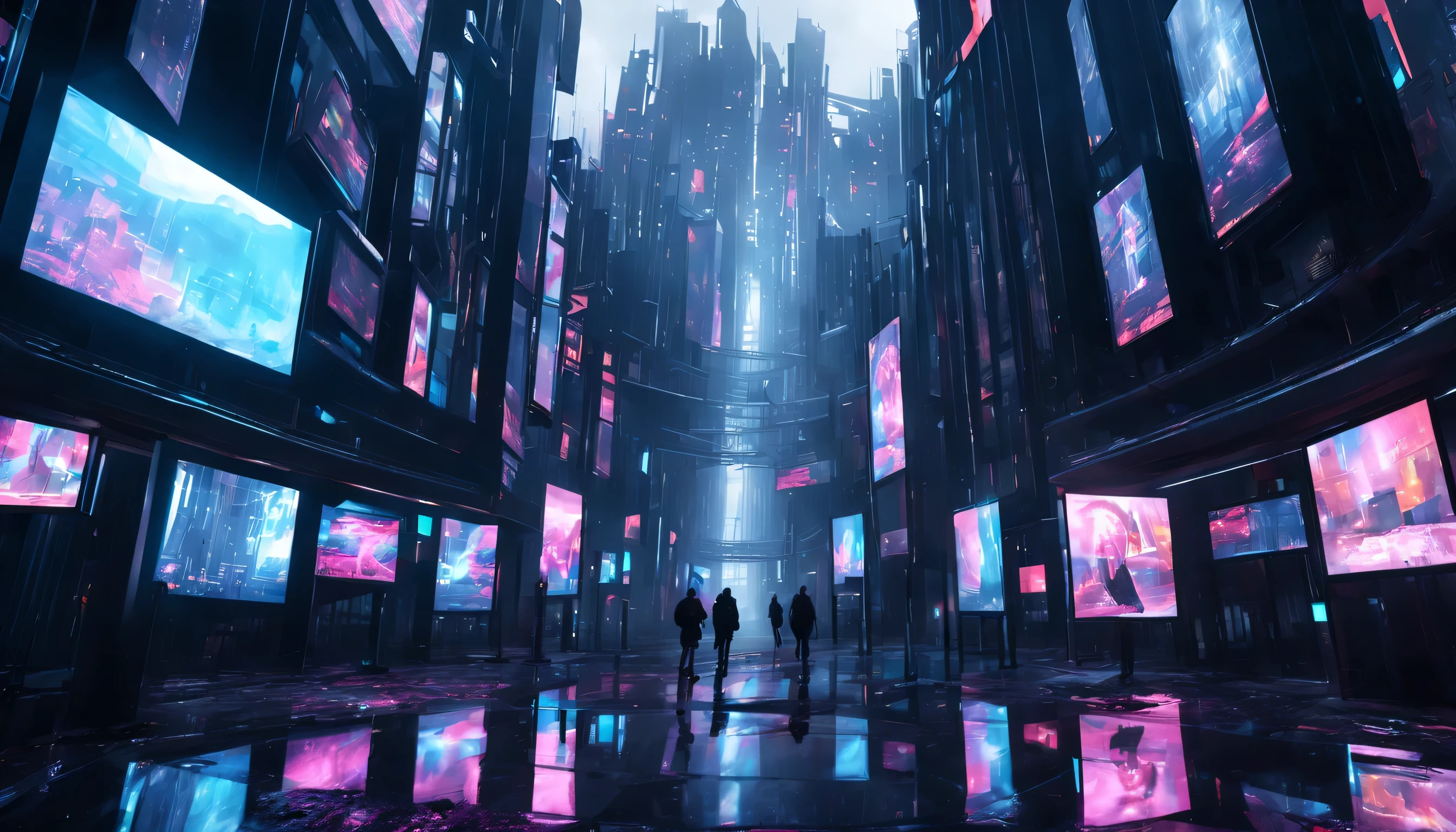 one big in the center of screen holographic billboards in very dark abandoned futuristic city, rainy night
