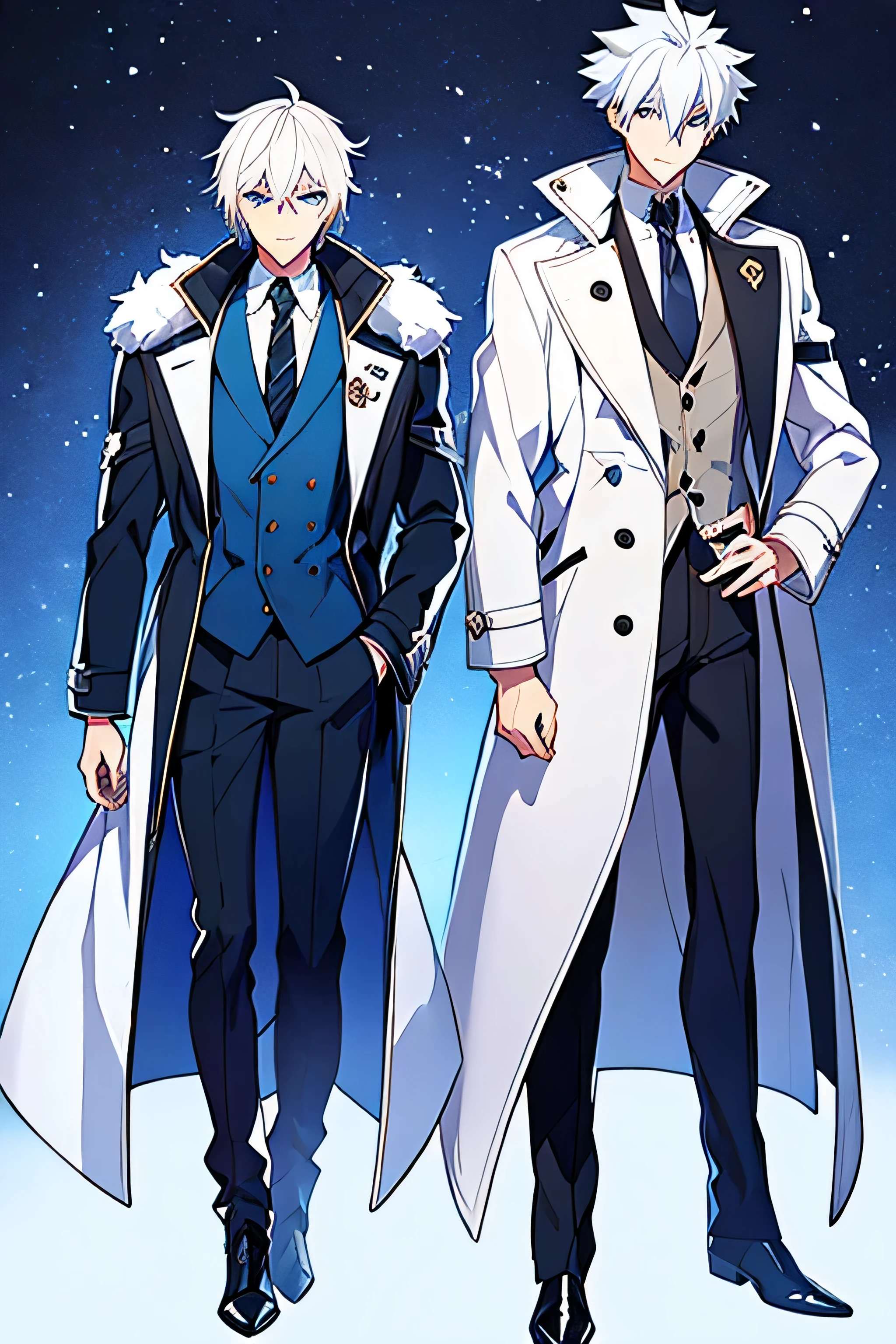 Anime characters with white hair and gray jackets, Tall anime guy with blue eyes., ( ( Wear a long coat.. ) ), Master's clothes, Official Character Art, handsome anime boy, Hajime Yatate, Kazuma Kaneko, Nagisa Kavoru, Male anime characters, Full-body single character, Ryuta Ueda artwork, official character illustration