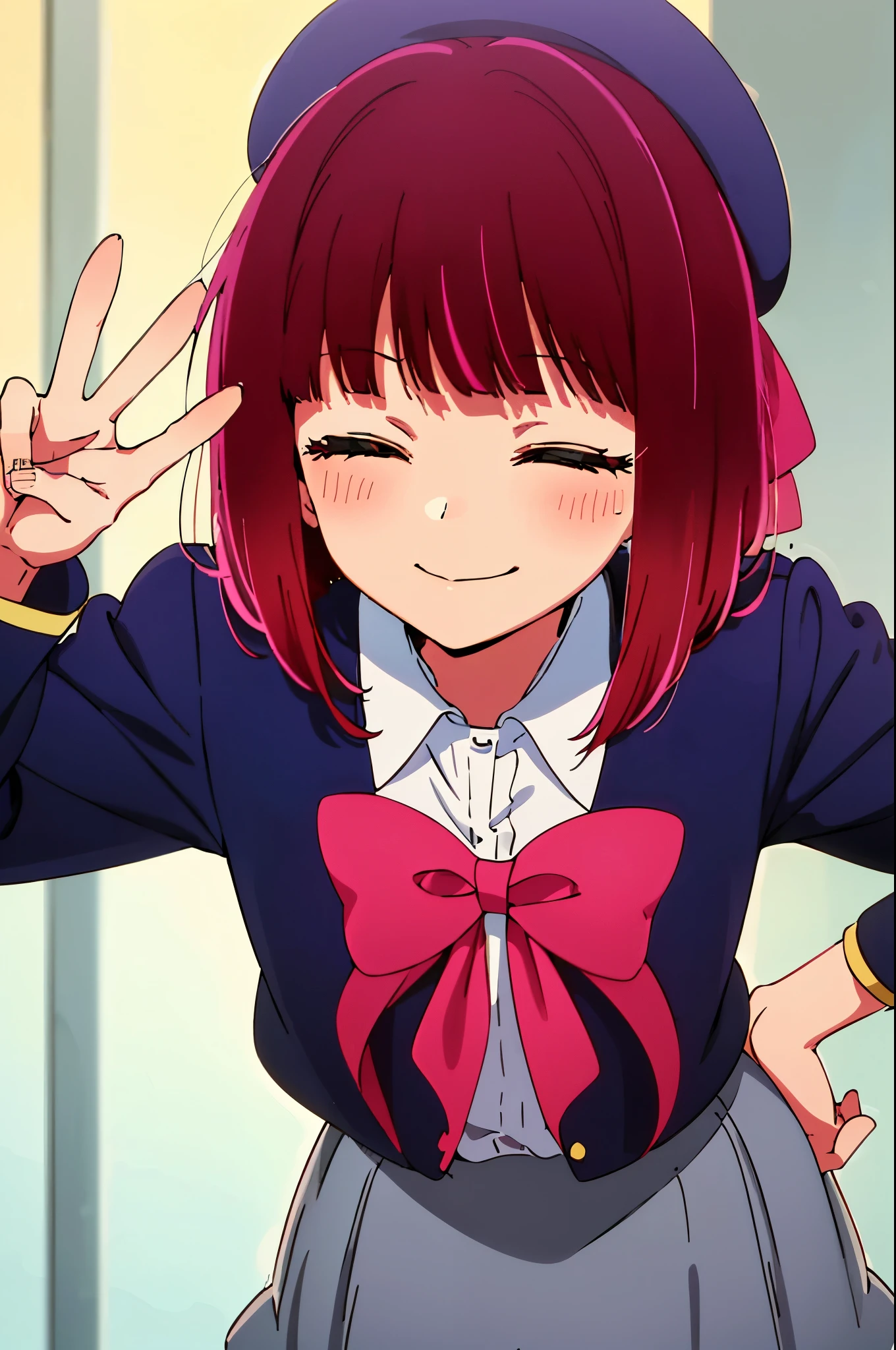 masterpiece, highest quality, ultra high resolution, highest quality, anime style, best writing, beautiful face, masterpiece, very detailed, (1 girl:1.2), redhead, school uniform, large red ribbon on the chest, (closed eyes:1.3)、Carefree smile、morning, 8K, short hair, beret, (anime style), (peace sign:1.3), (leaning forward:1.3)